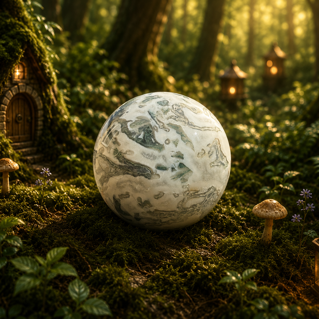 Large Moss Agate sphere with green and earthy patterns, showcasing smooth, polished gemstone surface.