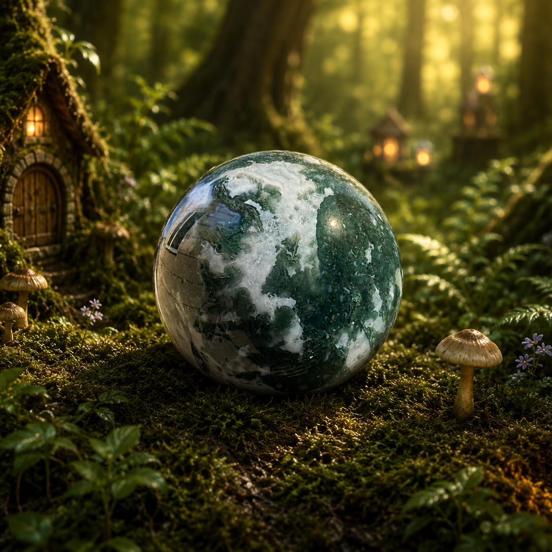 Medium moss agate sphere from 1 Practical Magic Store showing its green and brown mineral patterns and polished smooth surface.