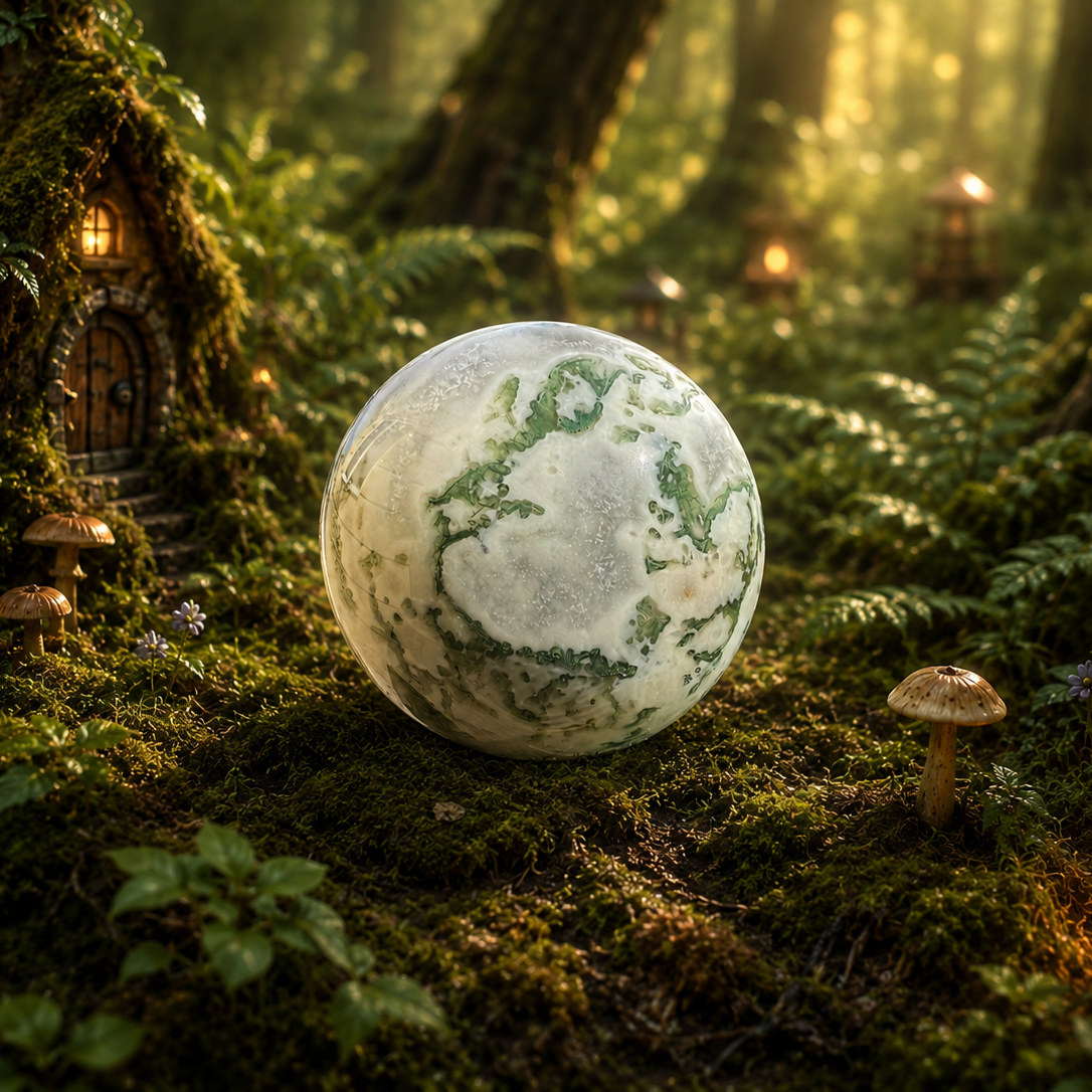 Medium moss agate sphere with green and brown natural patterns, showcasing the unique gemstone's earthy appearance.