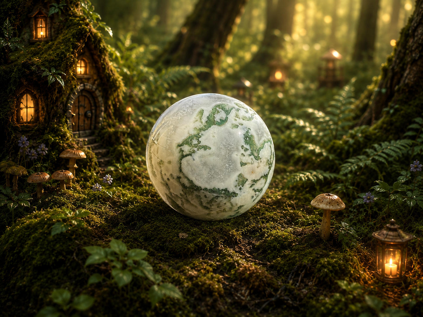 Medium moss agate sphere with green and brown natural patterns, showcasing the unique gemstone's earthy appearance.