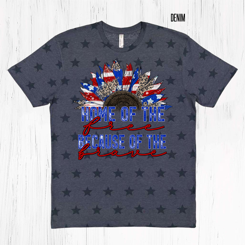 Black graphic tee from Anchored Grace Boutique featuring patriotic "Home of the Free Because of the Brave" design and bold text.