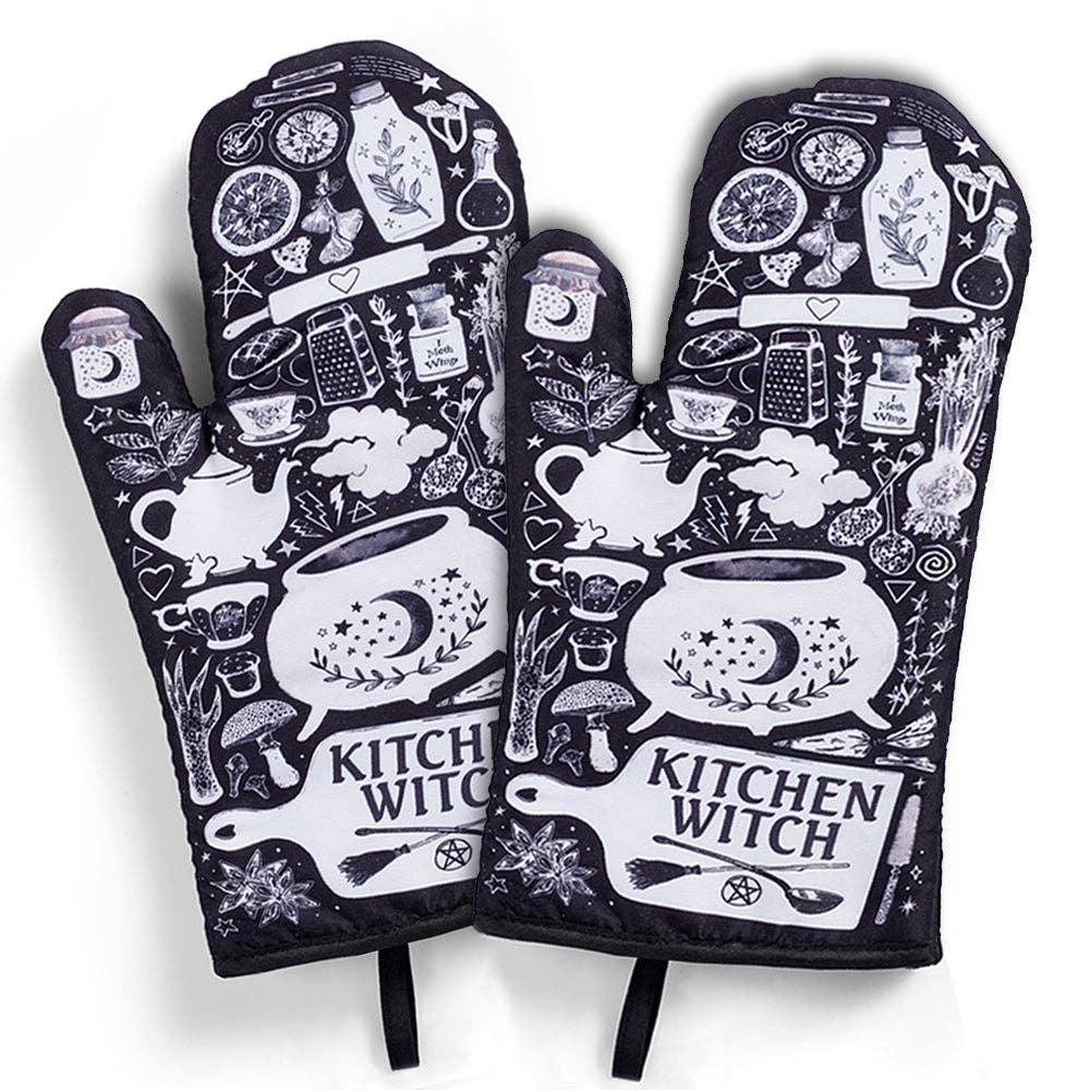 Set of 2 Kitchen Witch oven mitts and pot holders from The Bullish Store, hanging oven gloves with colorful witch design.