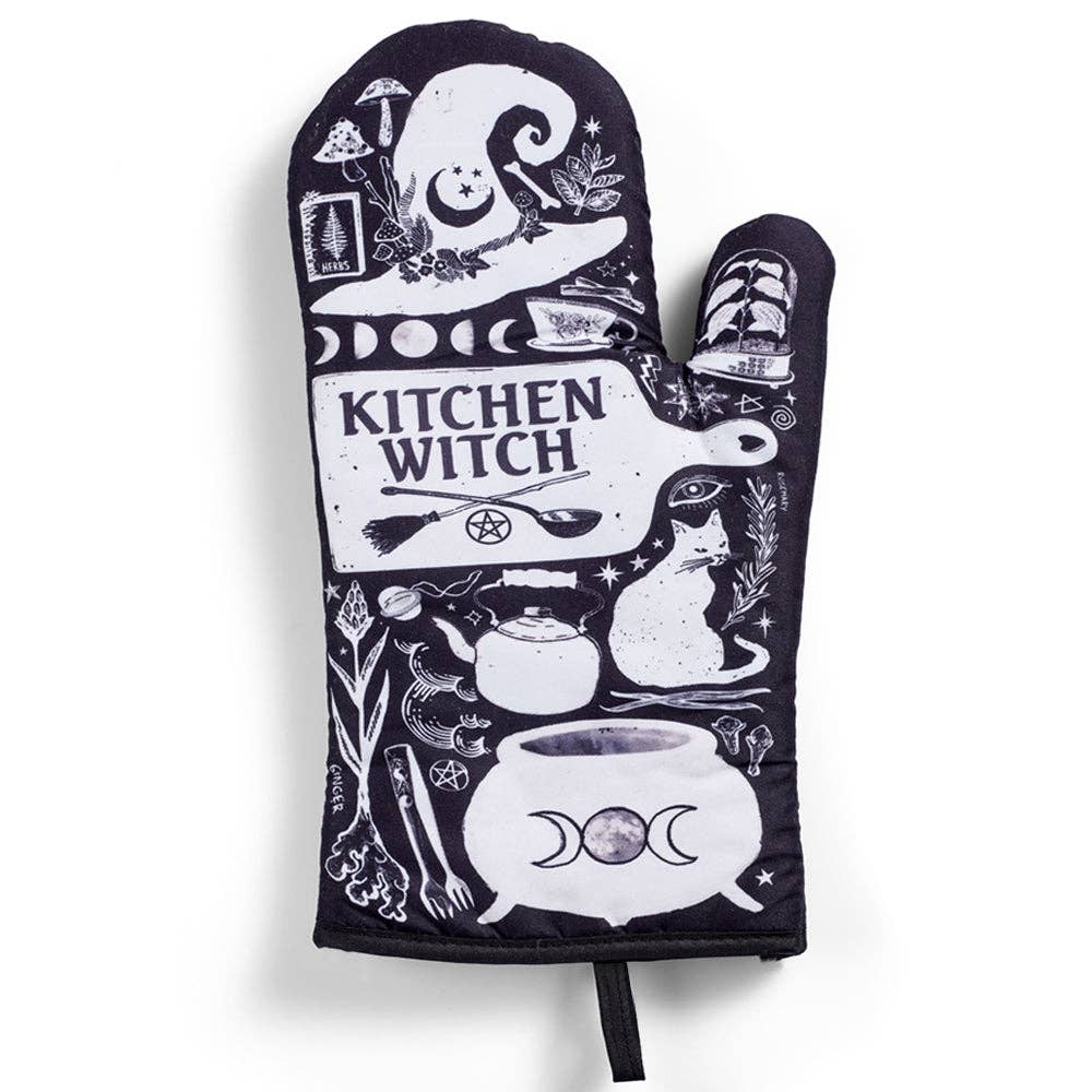 Set of 2 Kitchen Witch oven mitts and pot holders from The Bullish Store, hanging oven gloves with decorative witch design.
