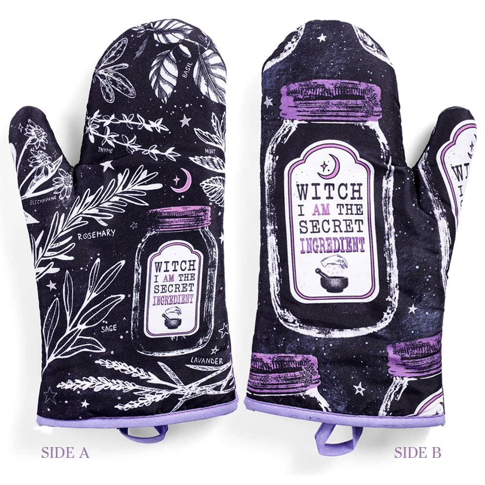 Set of 2 witch-themed oven mitts and pot holders from The Bullish Store, hanging for easy use in the kitchen.