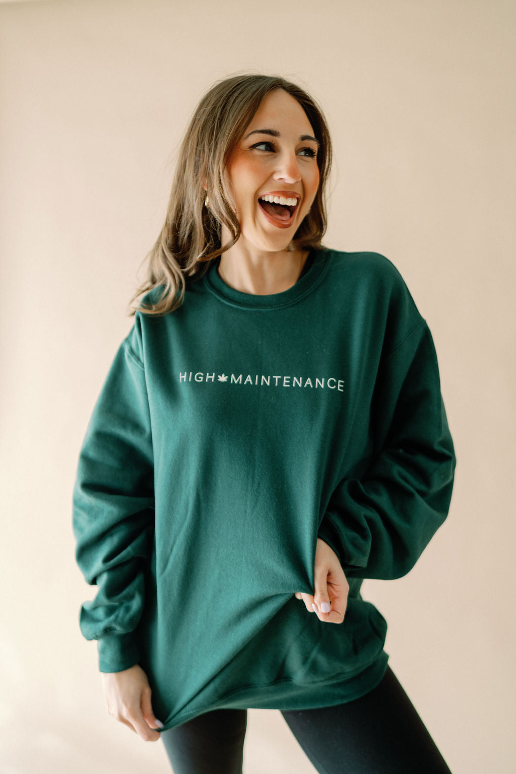 Black high maintenance graphic crewneck tee from Shop Karma Tees, featuring bold text design on the front.