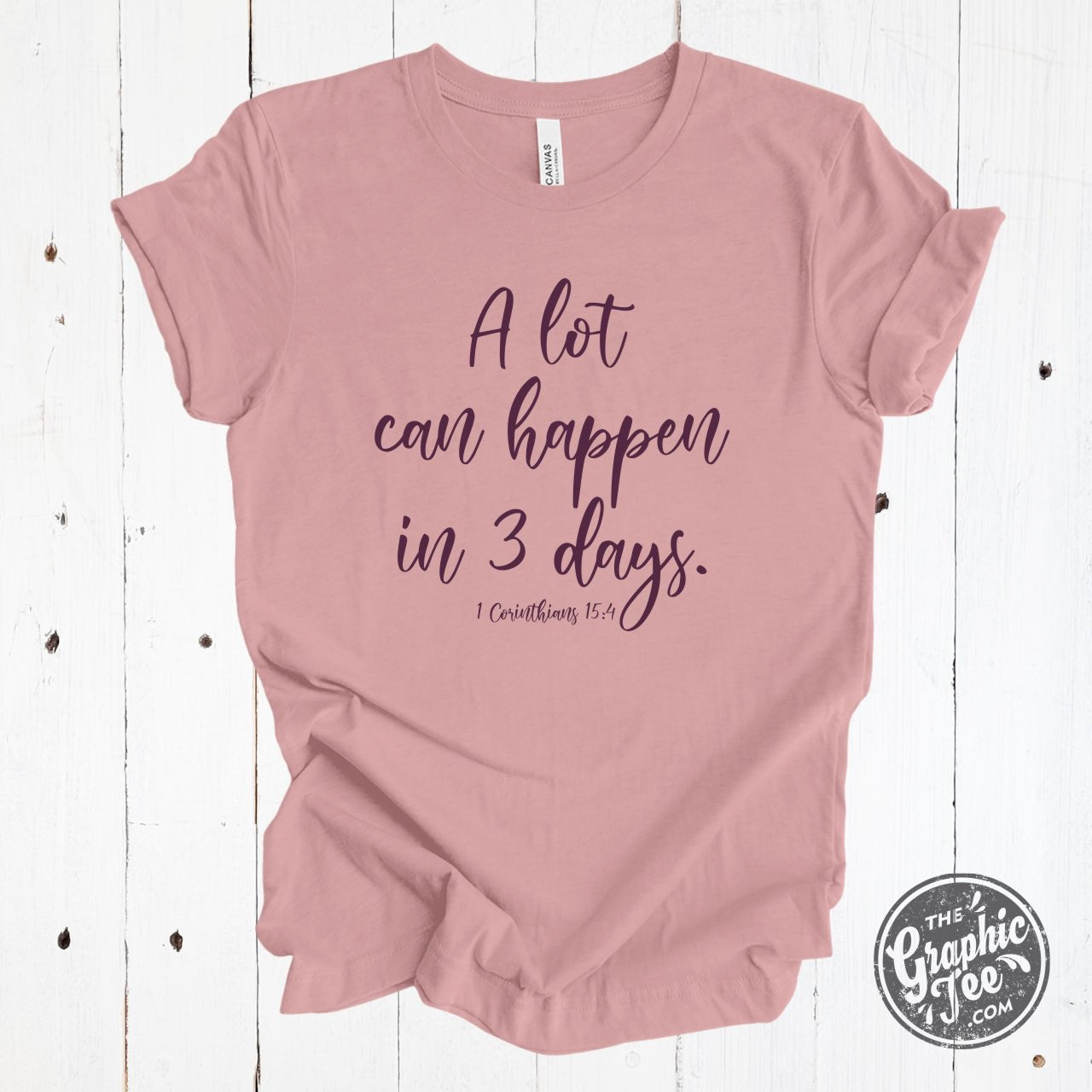 Unisex SS graphic tee by The Graphic Tee featuring a vibrant orchid design and the phrase "A Lot Can Happen in 3 Days".