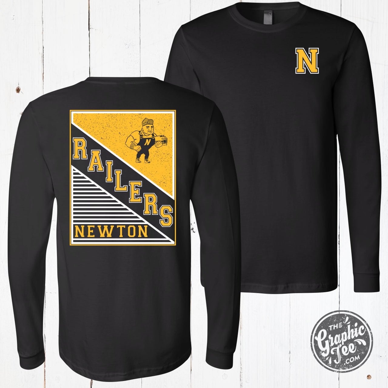 Black long-sleeve crewneck graphic tee for adults featuring Newton Railers rectangular design with Railer Man print by The Graphic Tee.