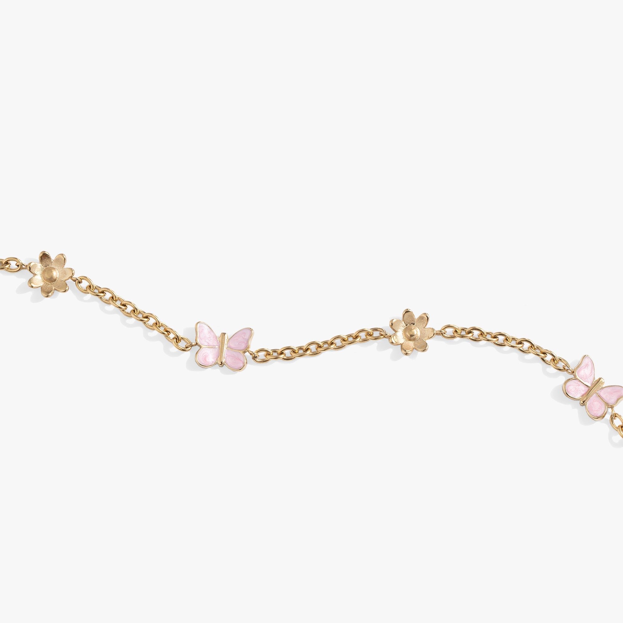 Gold stainless steel butterfly and flower anklet by ALEX AND ANI featuring delicate charms on a sleek chain.