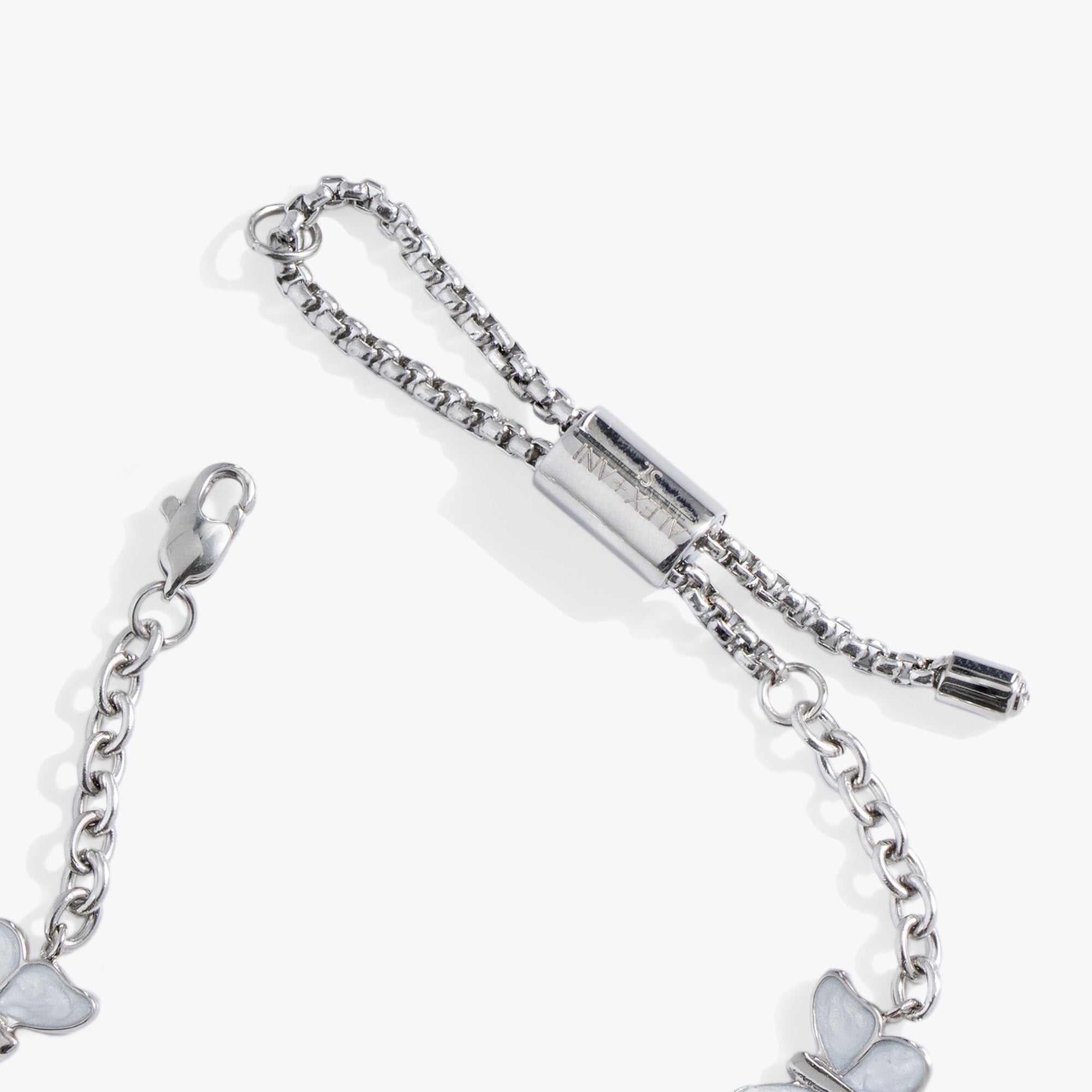 Gold stainless steel butterfly and flower anklet by ALEX AND ANI, featuring delicate charms on a thin chain.