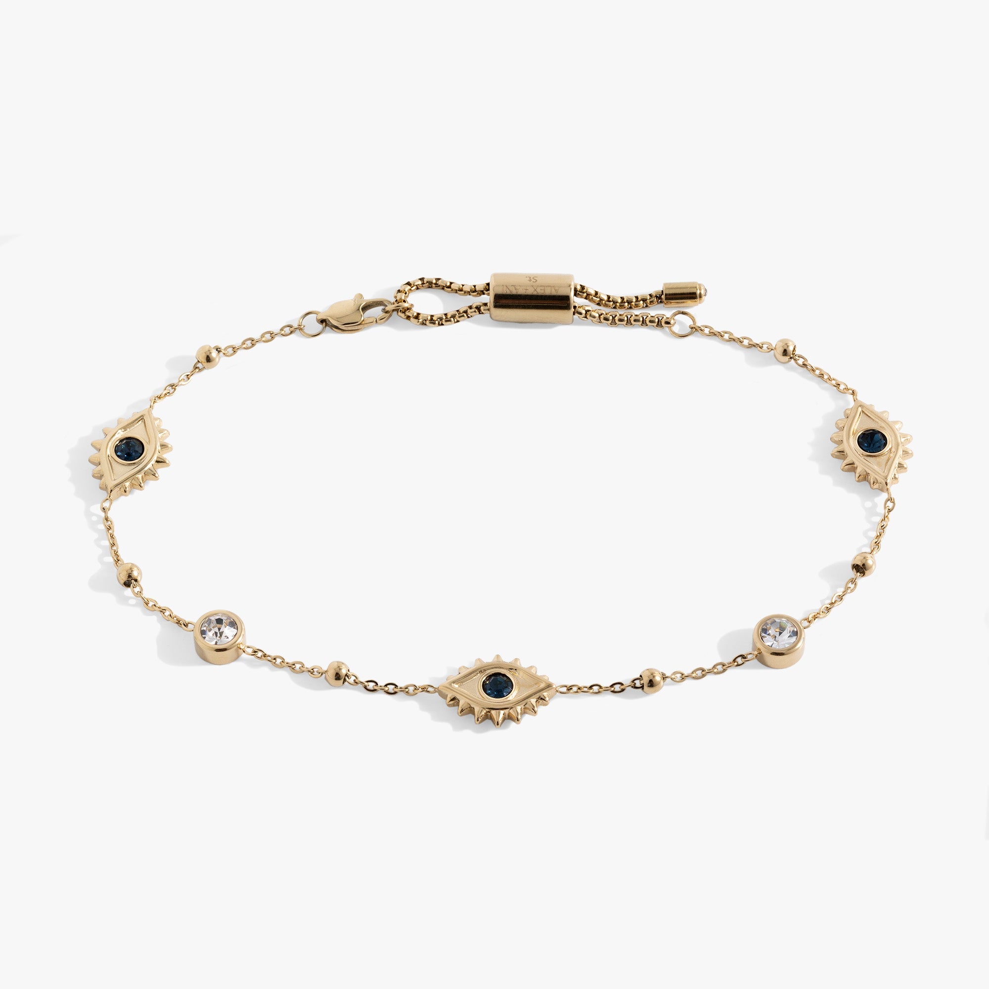 Gold stainless steel Evil Eye crystal anklet by ALEX AND ANI featuring a delicate design and protective charm.