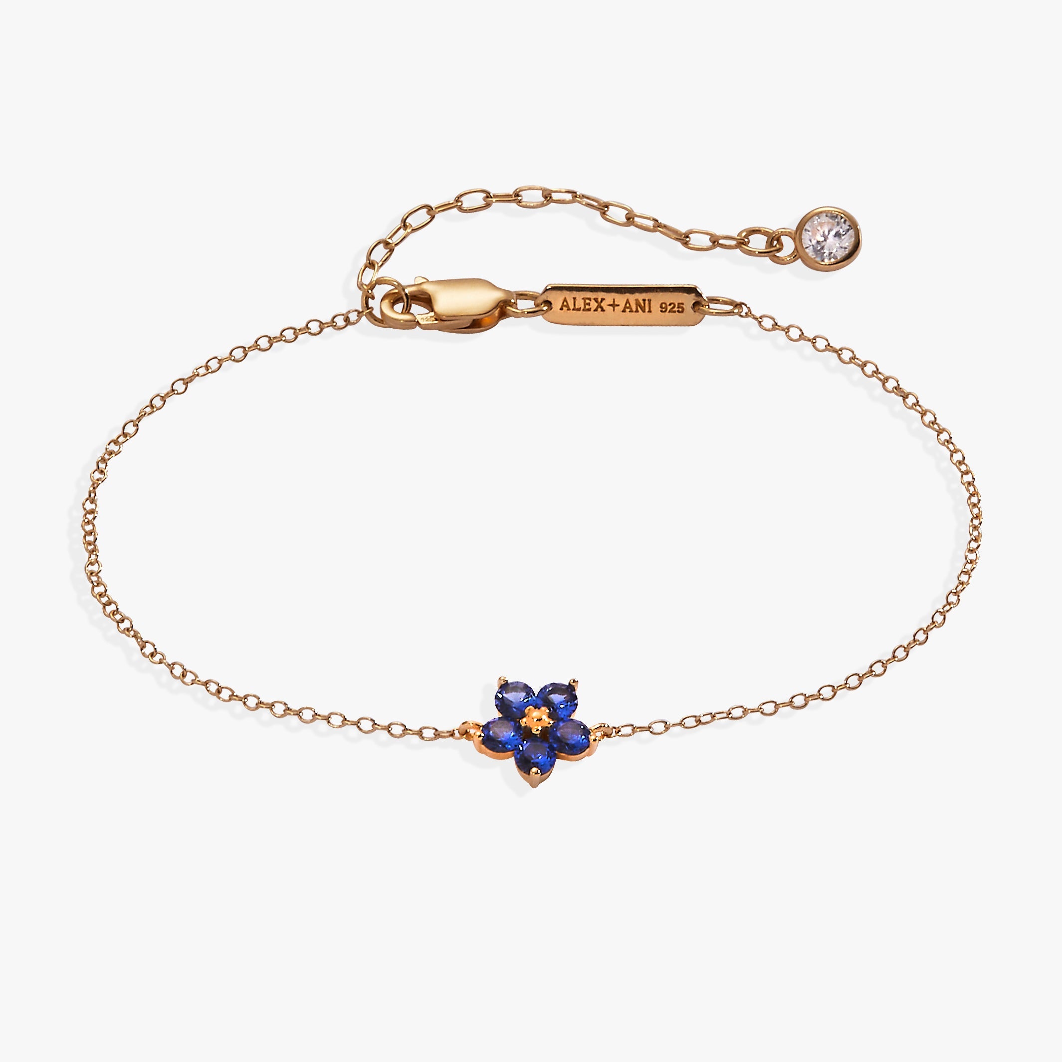 ALEX AND ANI crystal Forget-Me-Not flower bracelet with 14kt gold-over-sterling silver design and delicate floral accents.