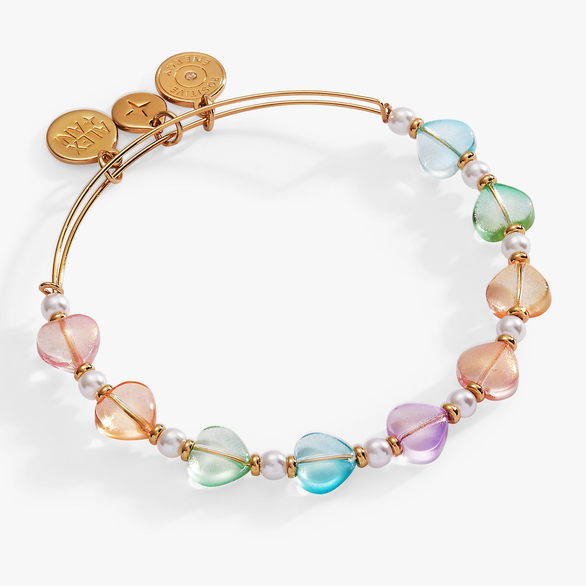 Gold-colored ALEX AND ANI colorful heart beaded bracelet featuring vibrant beads and a heart charm for a playful accessory.