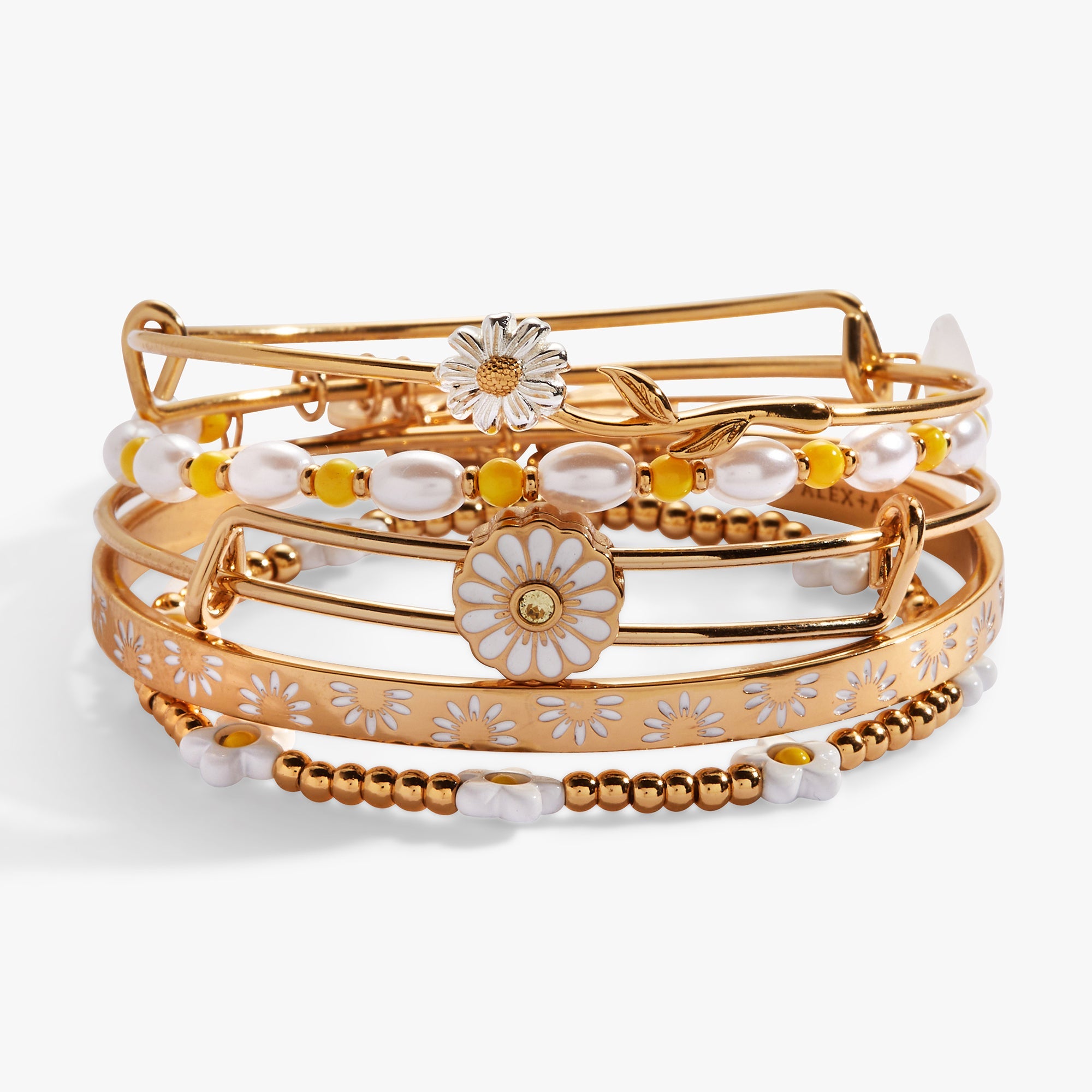 Set of five gold Daisy Flower beaded bracelets by ALEX AND ANI, featuring delicate floral design and beaded accents.