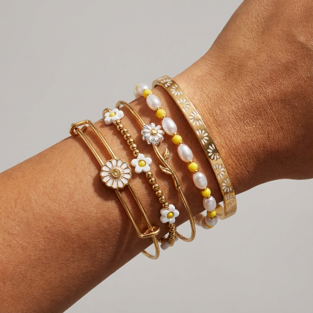 Set of five gold beaded daisy flower bracelets by ALEX AND ANI, featuring intricate floral designs and stylish bracelet styles.