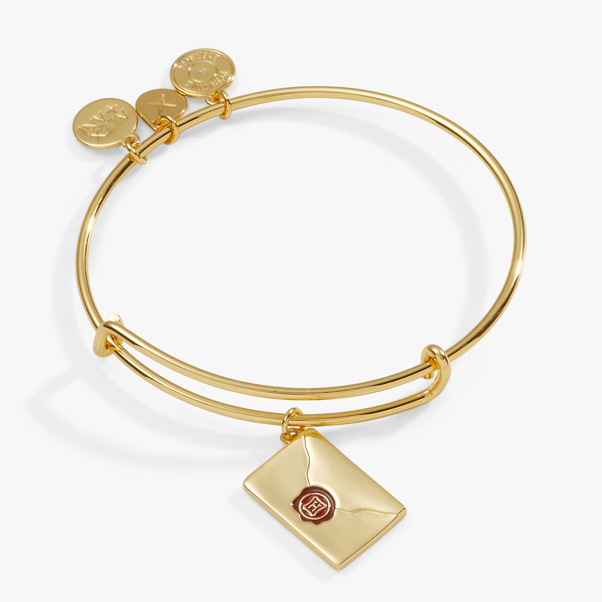 Gold Harry Potter Acceptance Letter Charm Bangle by ALEX AND ANI featuring a detailed acceptance letter charm on a stylish bracelet.