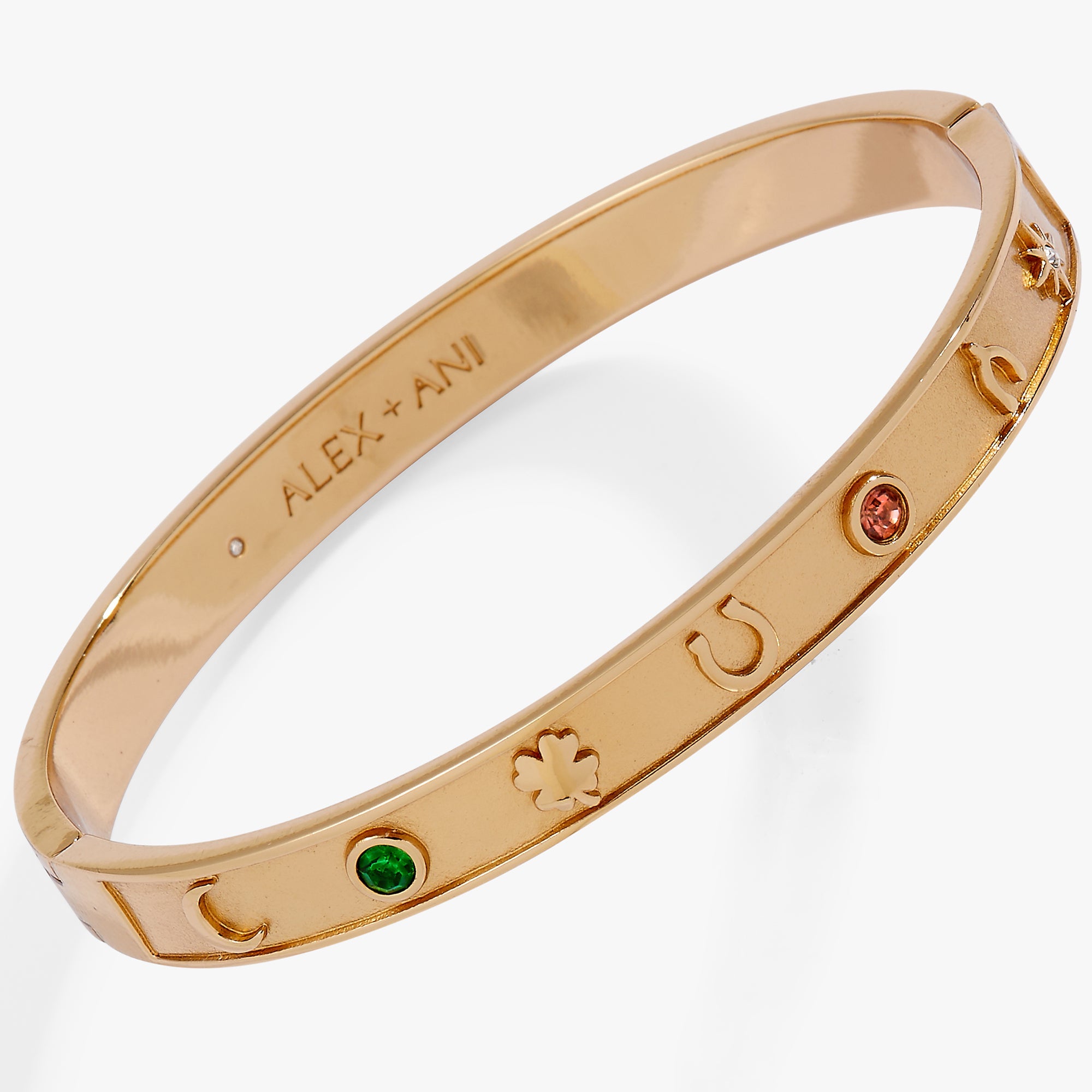 Gold Lucky Hinge Bangle bracelet by ALEX AND ANI featuring a sleek hinge design and subtle brand detailing.