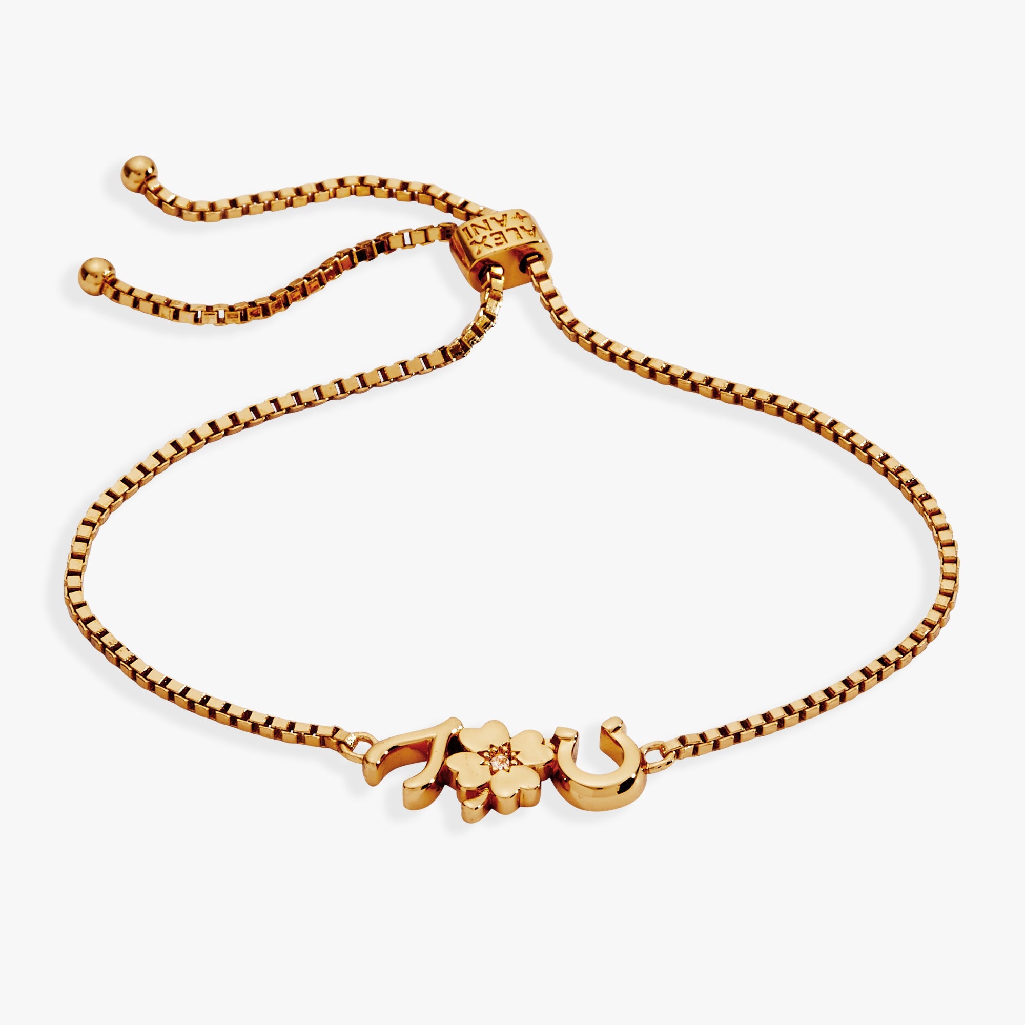 Gold Lucky Symbol Bolo Bracelet by ALEX AND ANI featuring a sleek adjustable design and a prominent lucky charm.