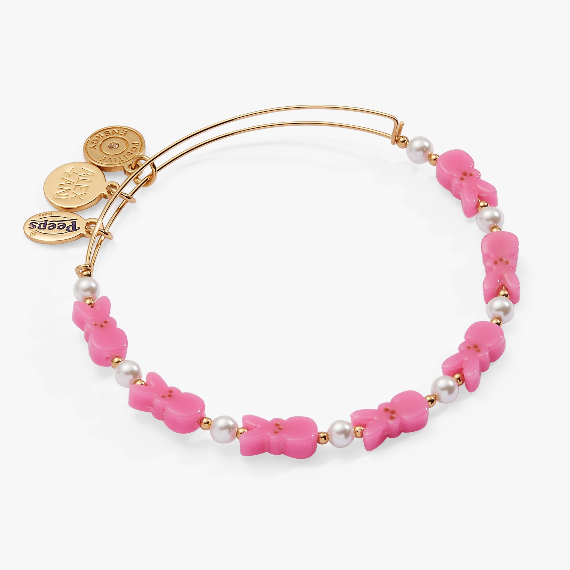 Gold PEEPS® Bunny beaded bangle bracelet by ALEX AND ANI featuring colorful beaded accents and a playful bunny charm.