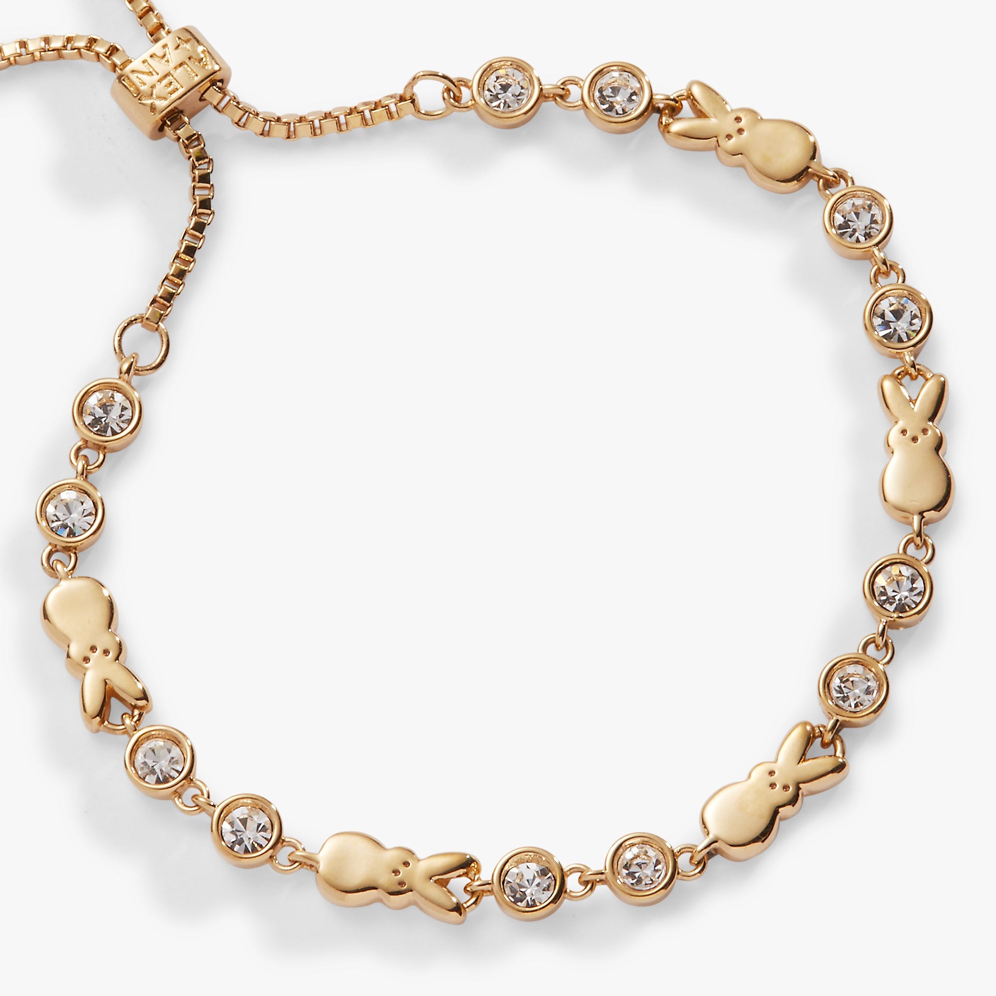 Gold PEEPS® Bunny Bolo Bracelet by ALEX AND ANI featuring a bunny charm on a sleek, adjustable gold-toned bracelet.