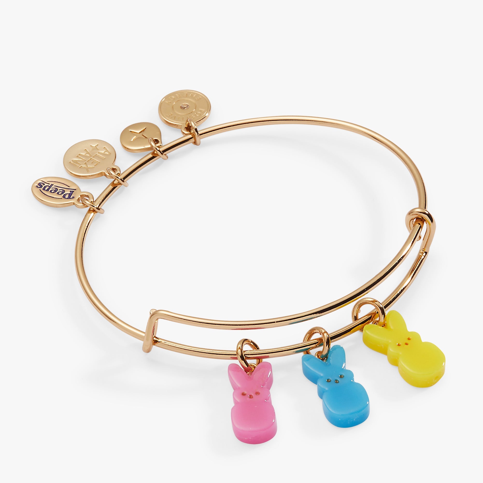Gold PEEPS® Bunny multi-charm bangle bracelet by ALEX AND ANI featuring playful bunny charms and intricate design details.