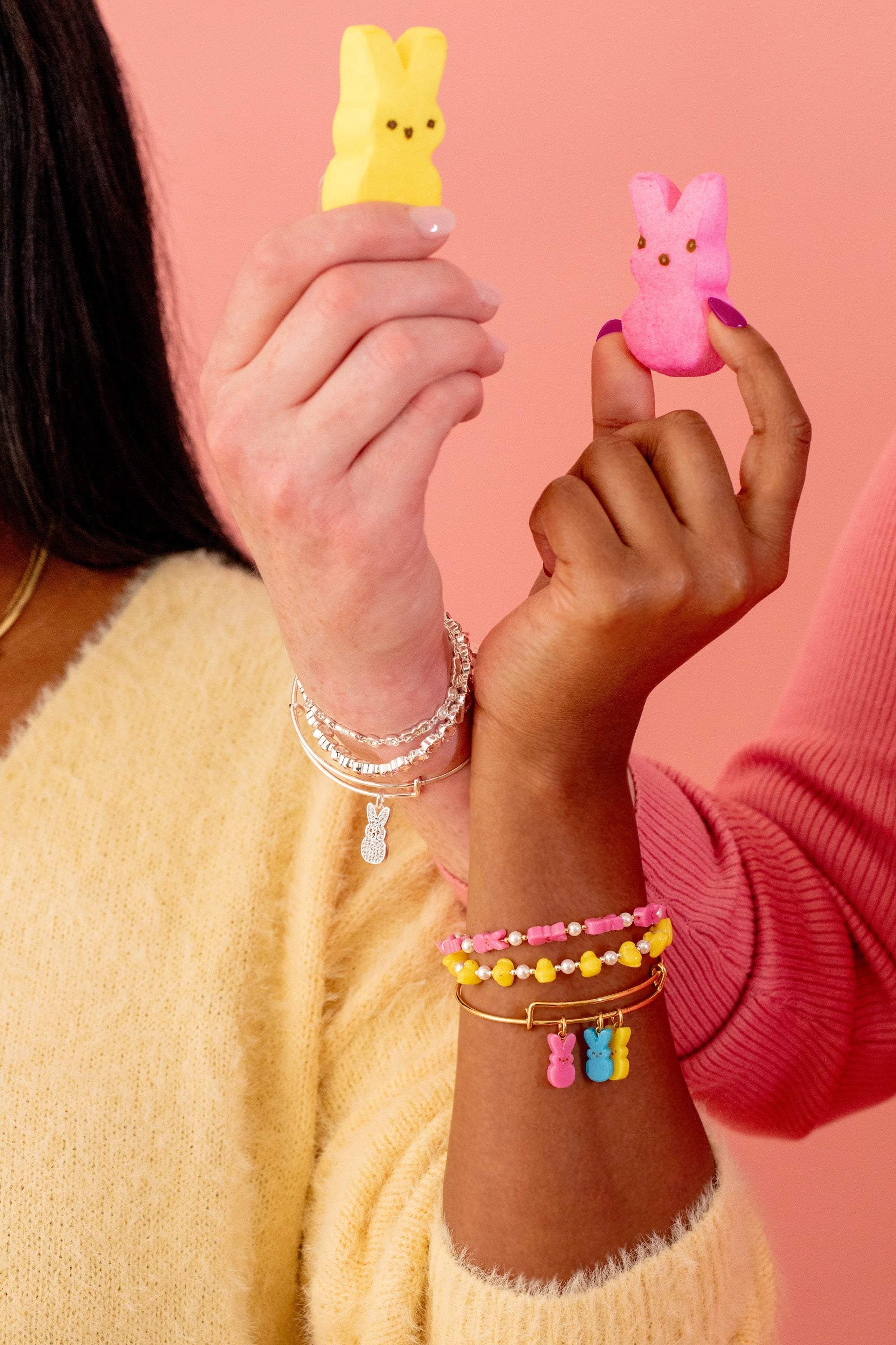 Gold PEEPS® Bunny multi-charm bangle by ALEX AND ANI featuring playful bunny charms and a stylish bracelet design.