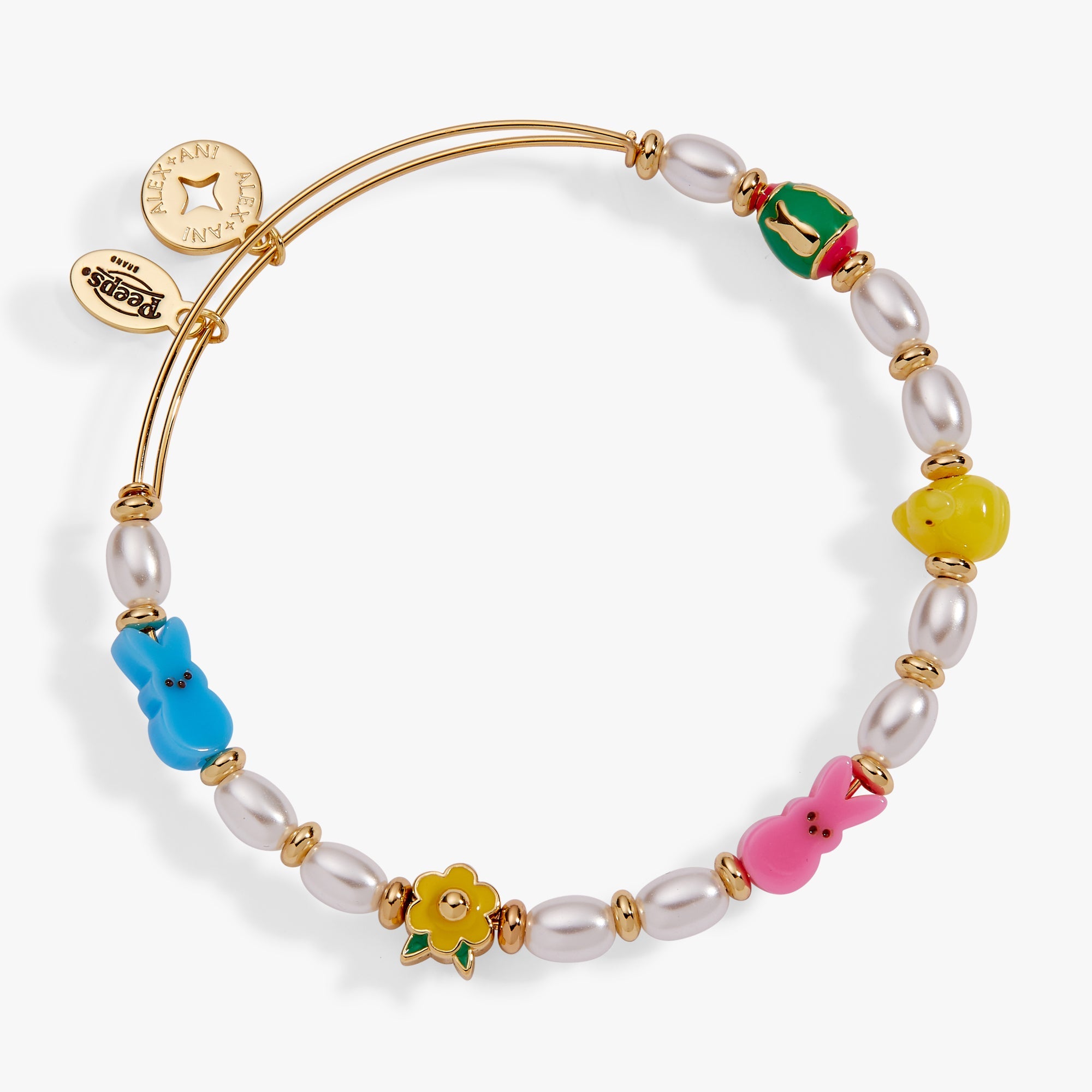 Gold beaded bangle bracelet featuring PEEPS® chick and bunny charms from ALEX AND ANI.