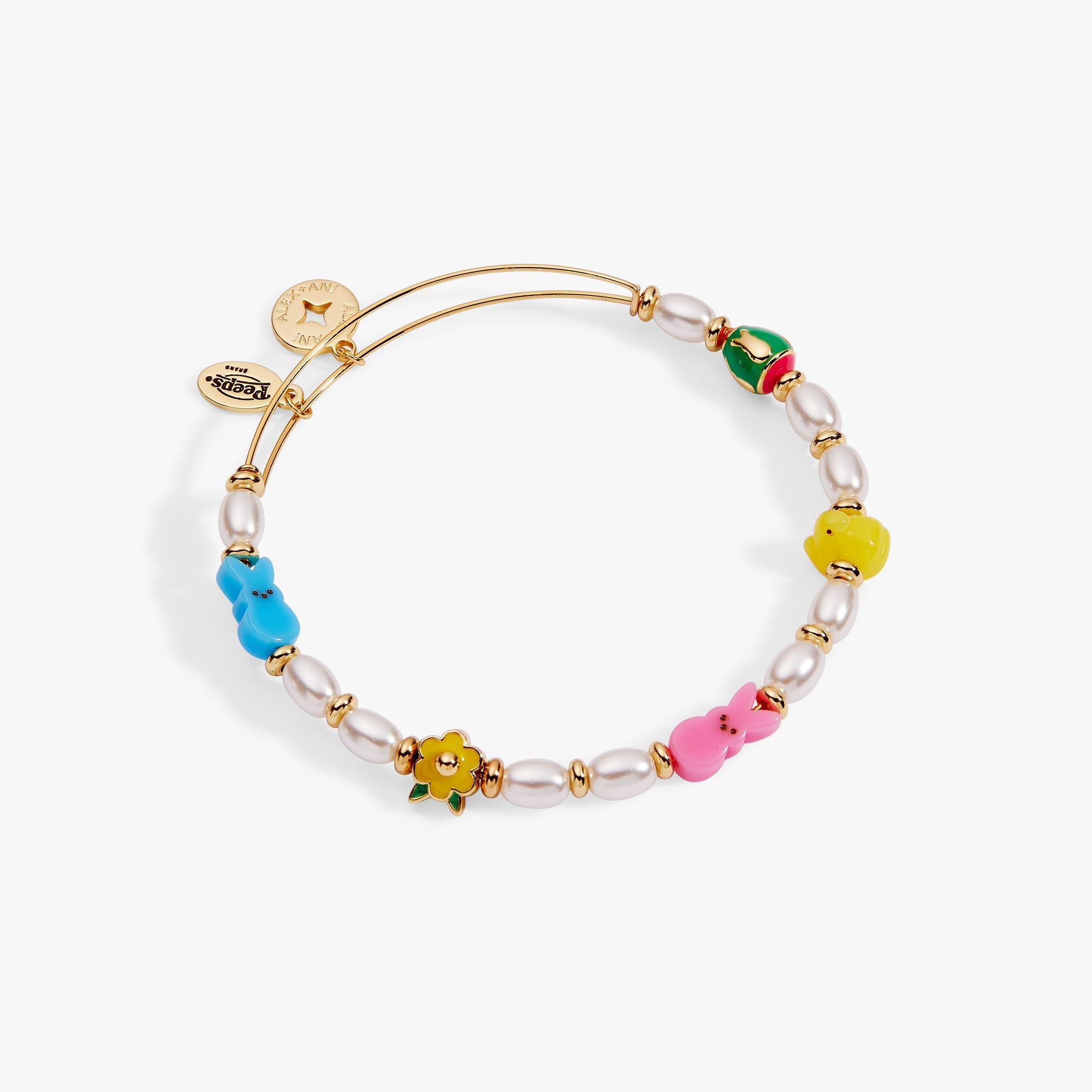 Gold beaded bangle featuring PEEPS® chick and bunny charms from ALEX AND ANI, with colorful bead accents and detailed design.