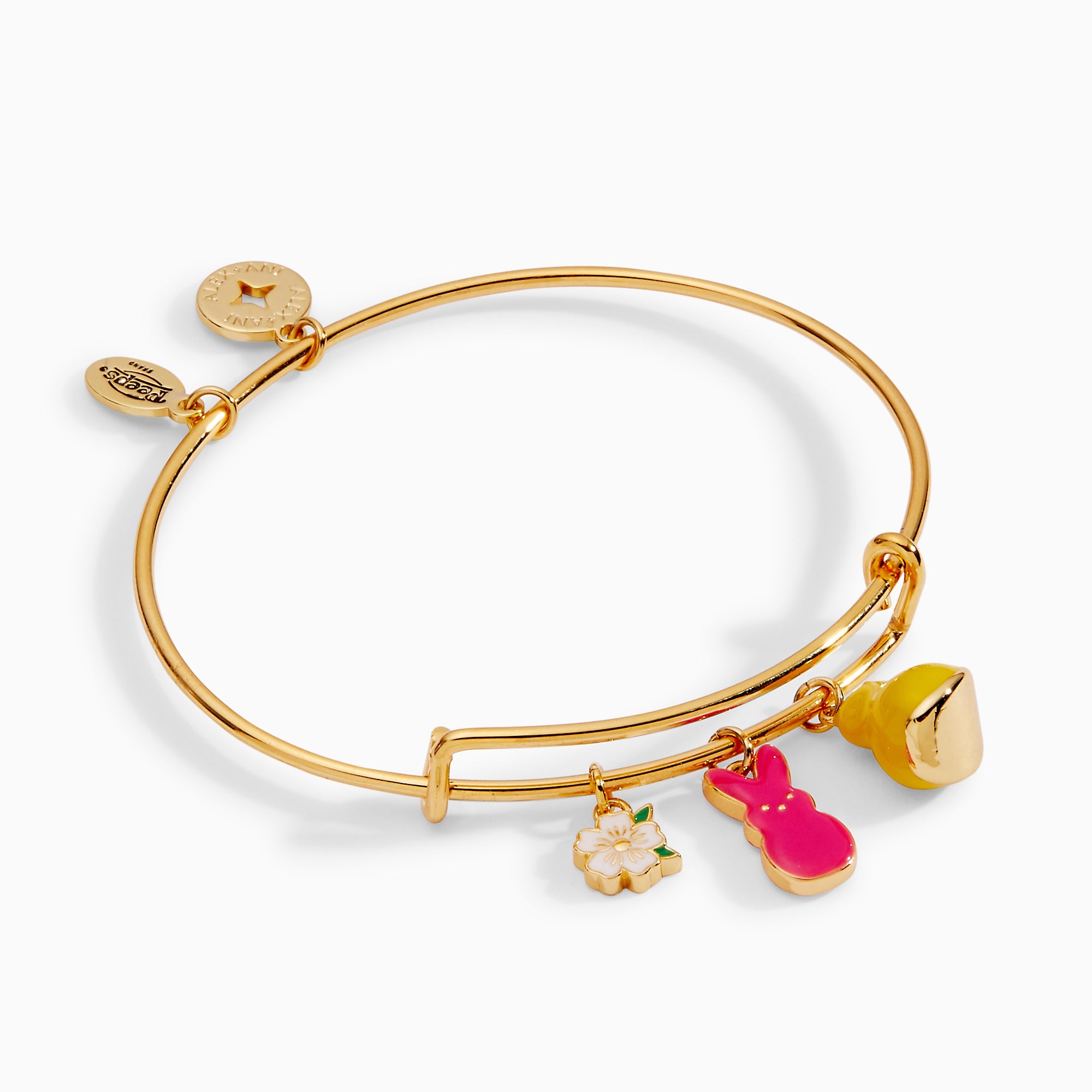 Gold PEEPS® Chick and Bunny charm bangle by ALEX AND ANI, featuring colorful, playful charms on a sleek bracelet.