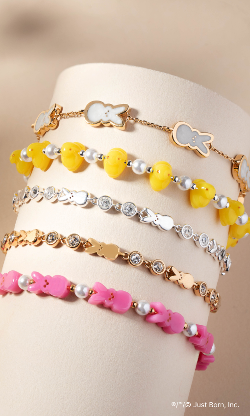 Gold PEEPS® Pearlized Bunny Charm Bracelet by ALEX AND ANI featuring a bunny charm on a stylish bracelet.