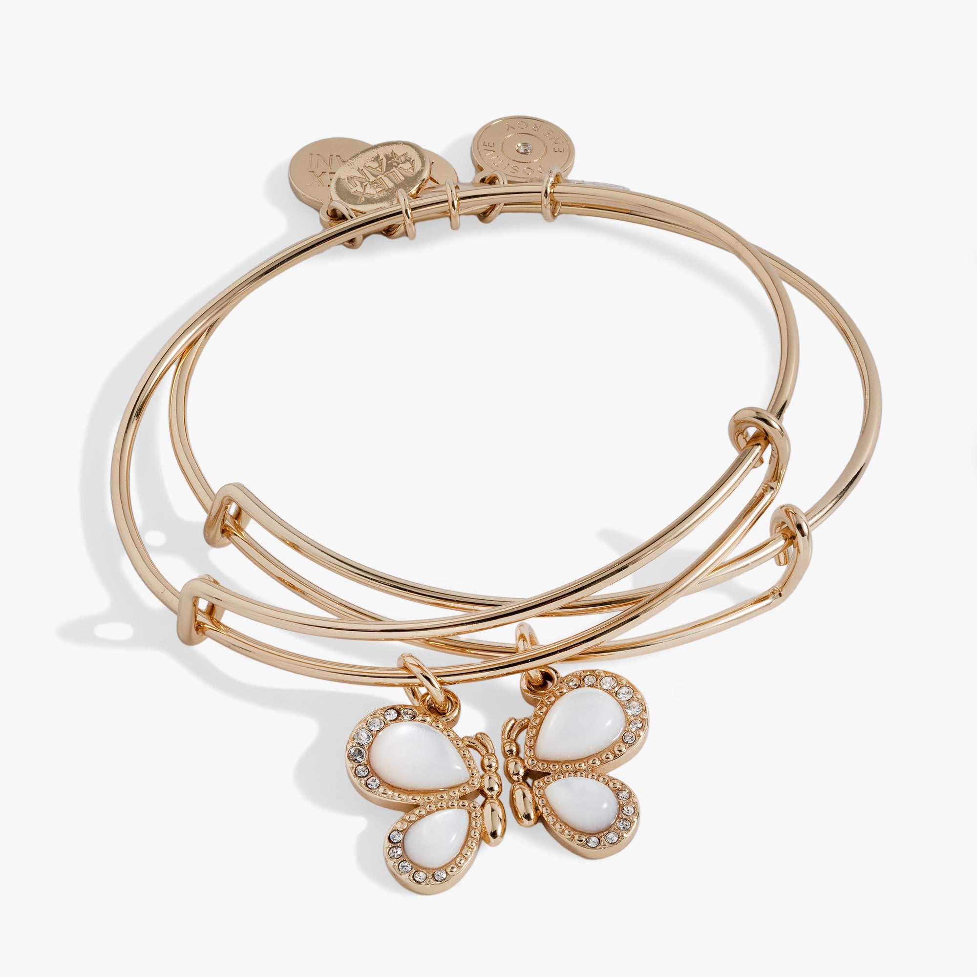Gold butterfly wings bangle set of 2 by ALEX AND ANI, featuring delicate bracelet designs with elegant butterfly motifs.