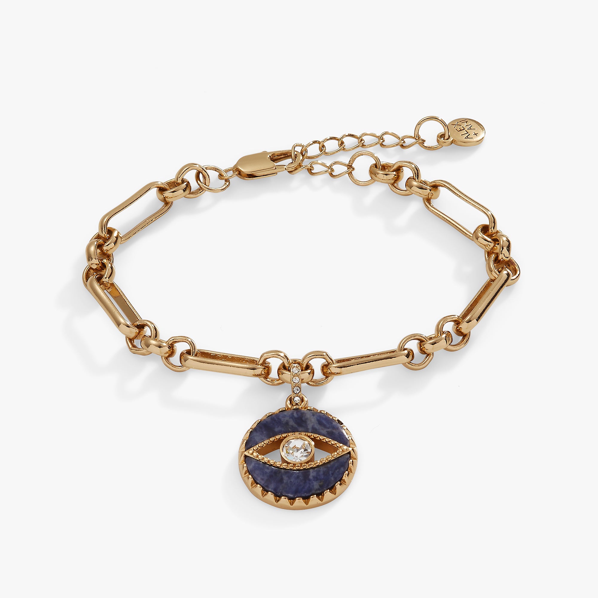 Gold Sodalite Evil Eye Chain Bracelet by ALEX AND ANI featuring a pendant with blue Sodalite stones and evil eye charm.
