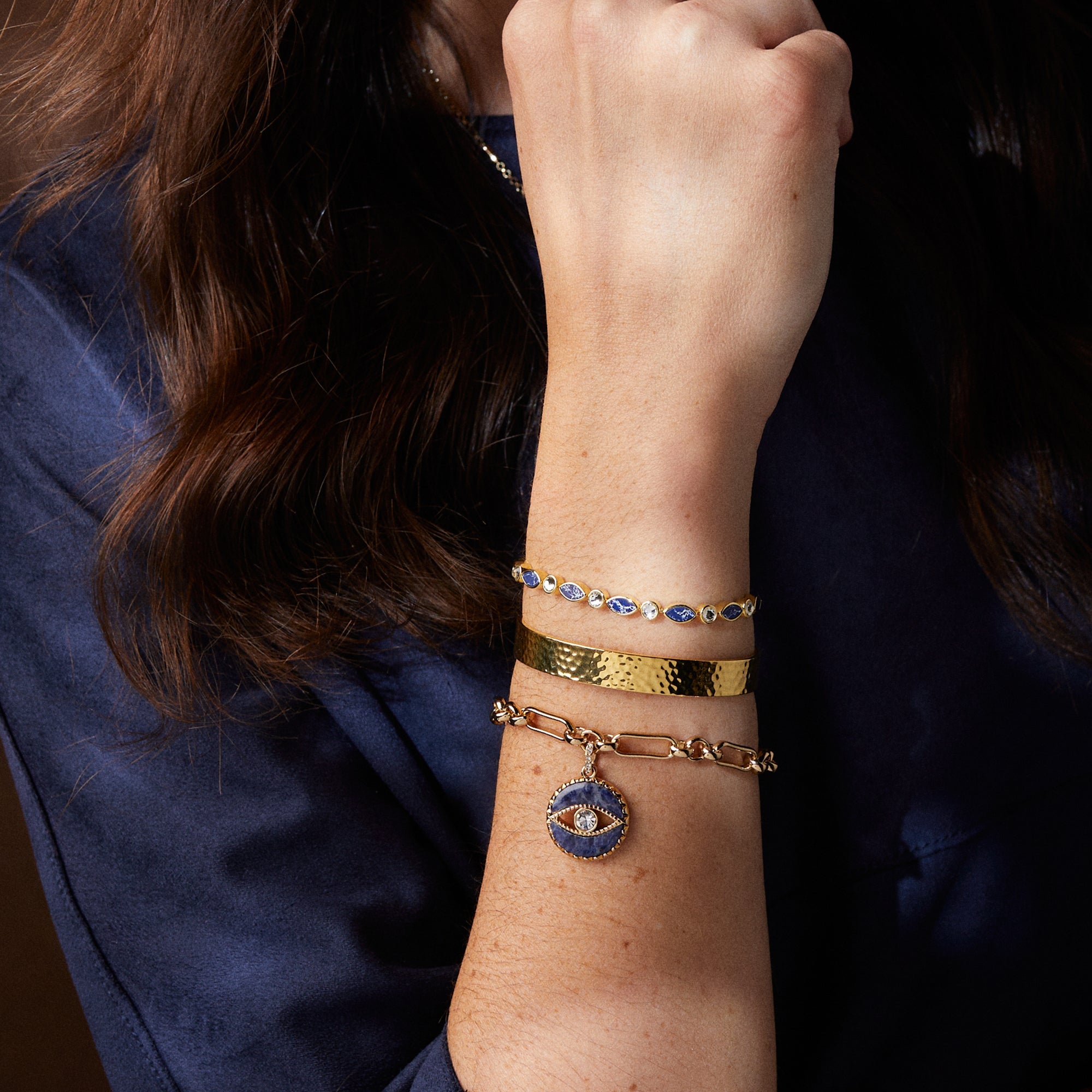 Gold Sodalite Evil Eye Chain Bracelet by ALEX AND ANI, featuring a protective evil eye charm on a delicate chain.
