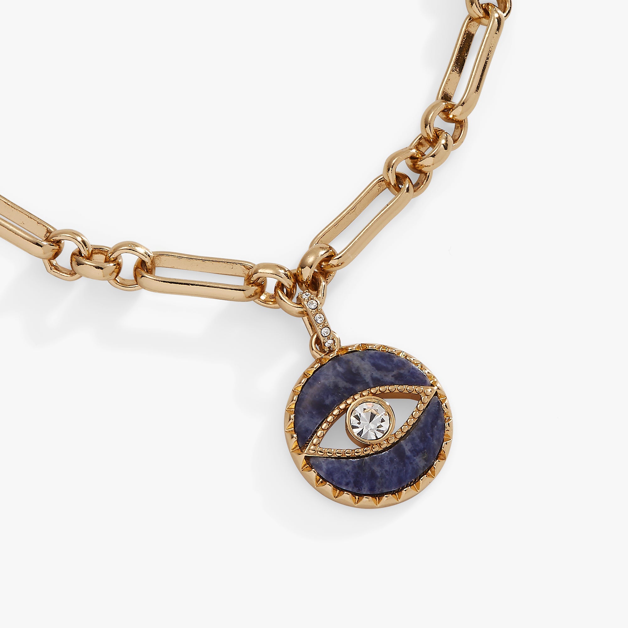 Gold Sodalite Evil Eye Chain Bracelet by ALEX AND ANI featuring a polished sodalite stone and an evil eye charm.