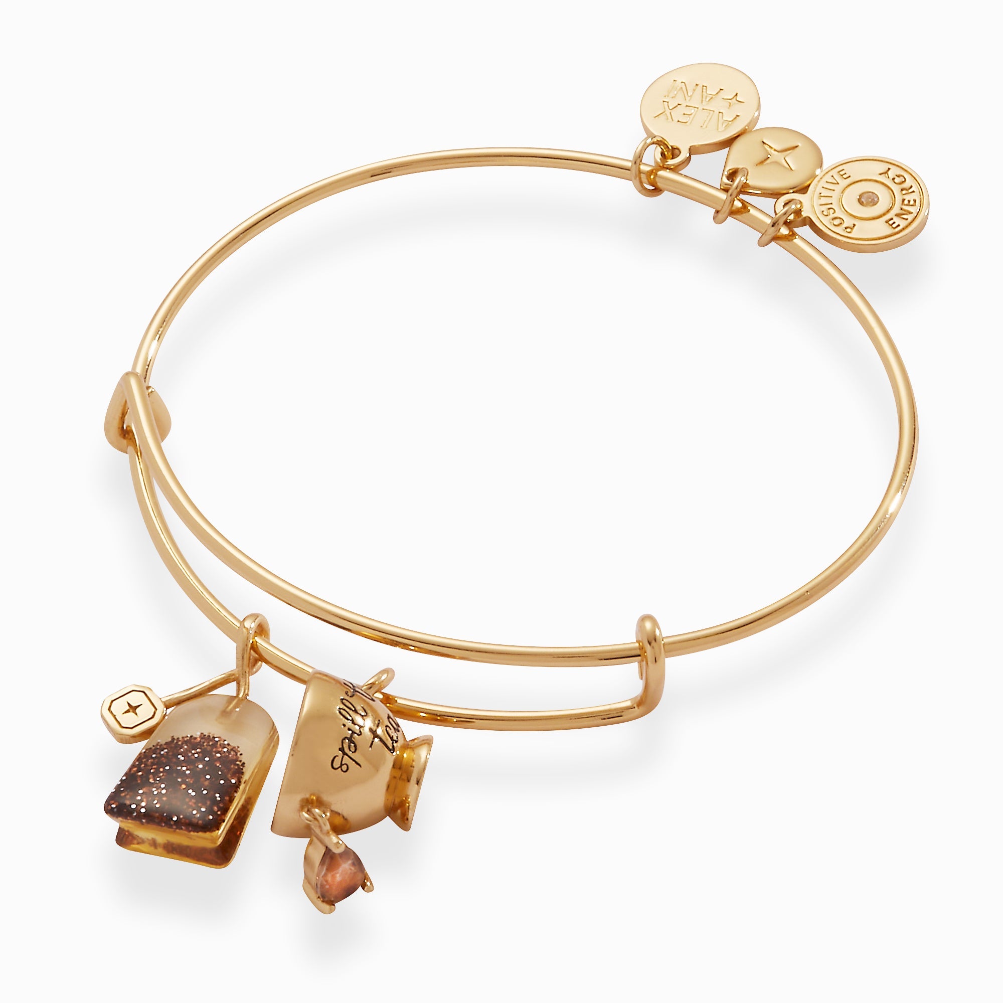Gold ALEX AND ANI Spill the Tea bracelet with cup and tea bag charm, stylish bangle jewelry for tea lovers.