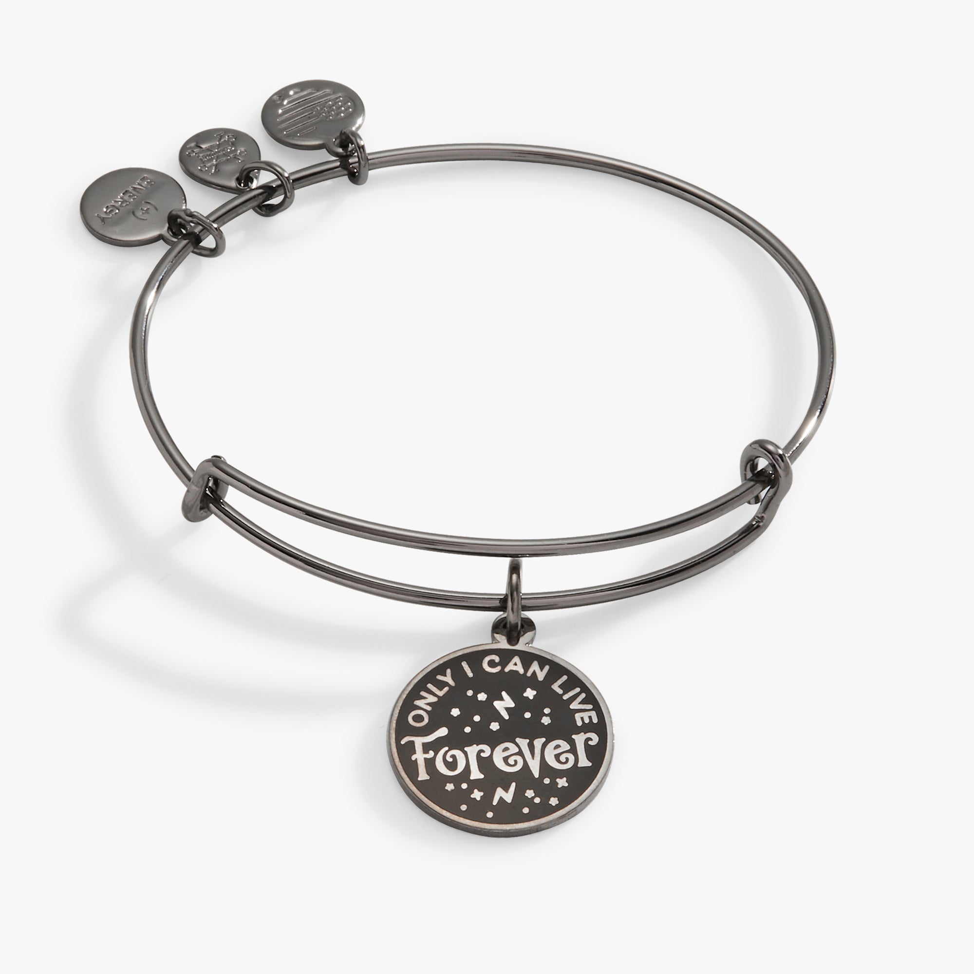 ALEX AND ANI Harry Potter Voldemort charm bangle in midnight silver with engraved "Only I Can Live Forever" inscription.