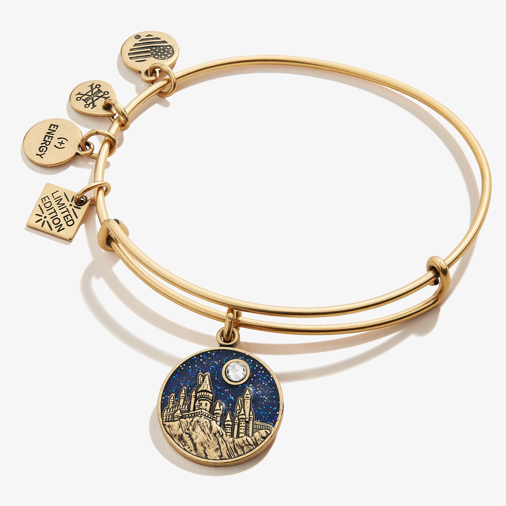 ALEX AND ANI Harry Potter Hogwarts Castle charm bracelet featuring a detailed gold castle charm on a stylish bangle.