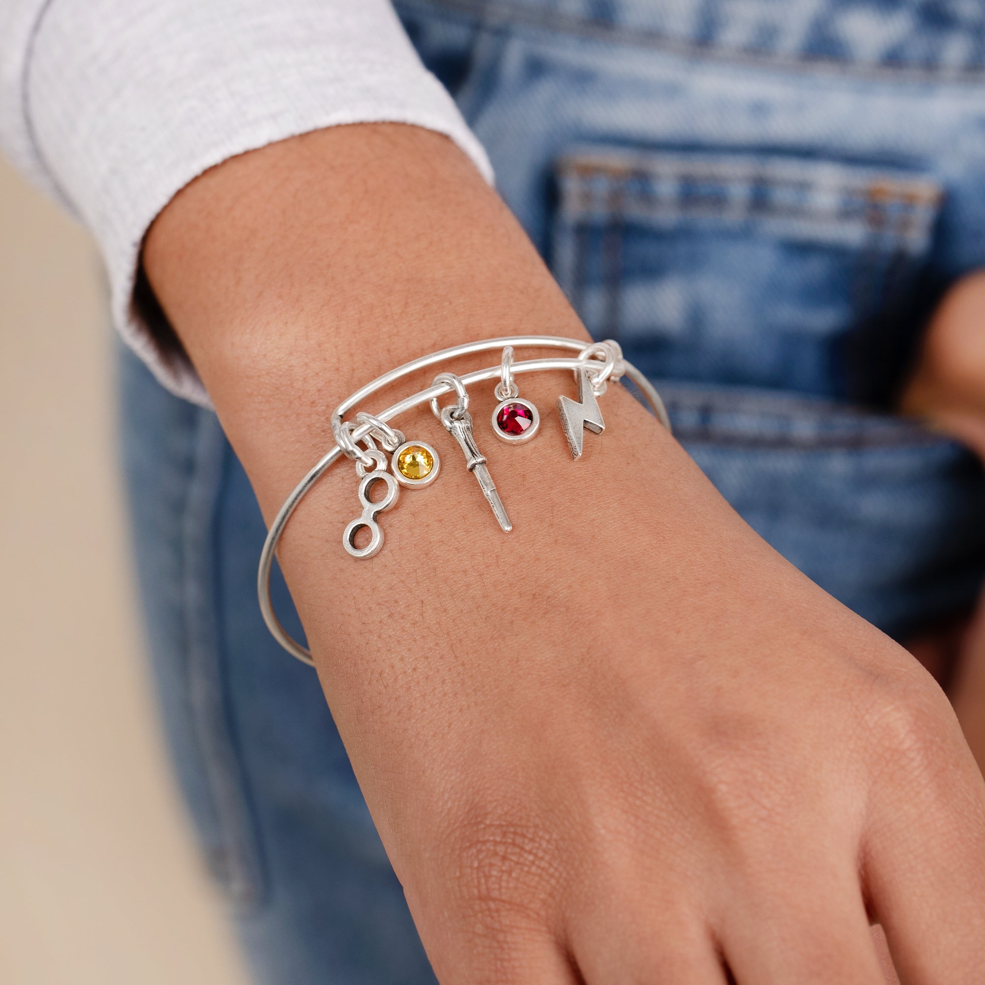 ALEX AND ANI Harry Potter™ Character Multi-Charm Bangle featuring silver charms of iconic Harry Potter characters on a sleek bracelet.