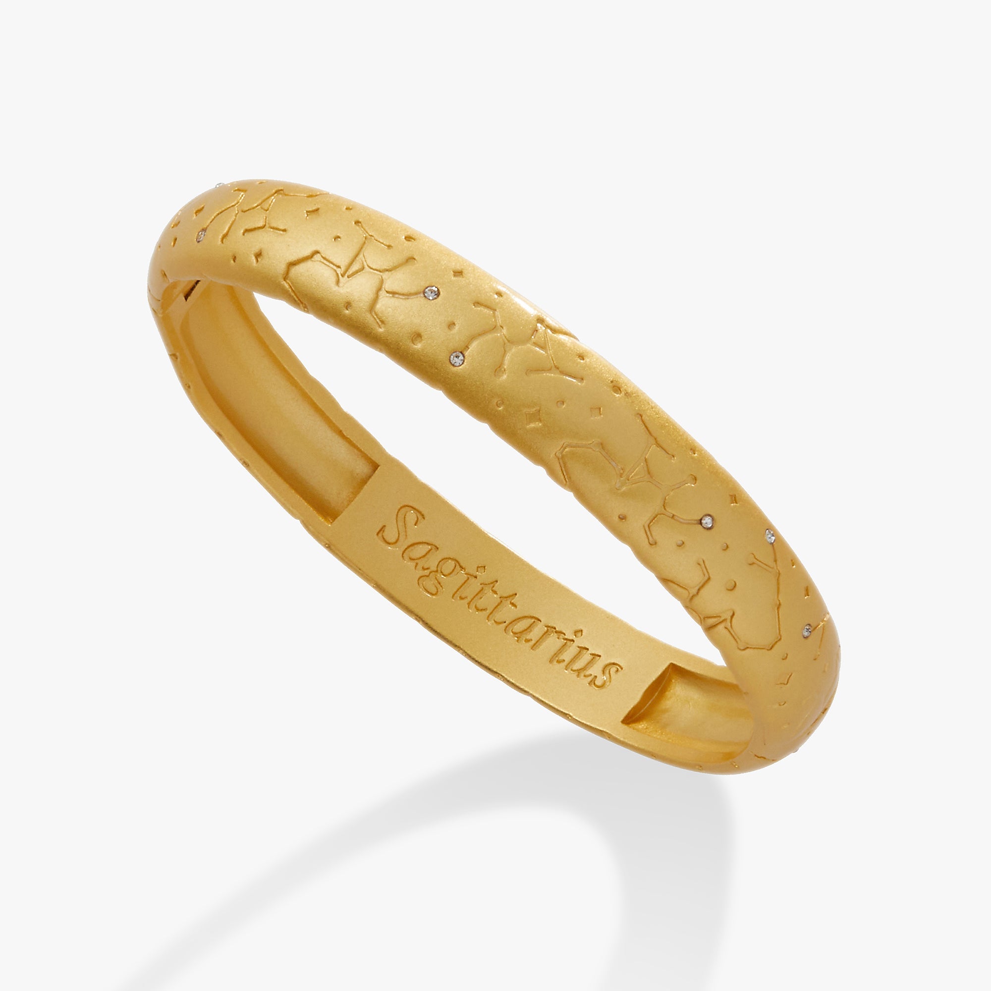 Sagittarius Zodiac Hinge Bangle bracelet by ALEX AND ANI in satin gold with Sagittarius symbol and celestial details.