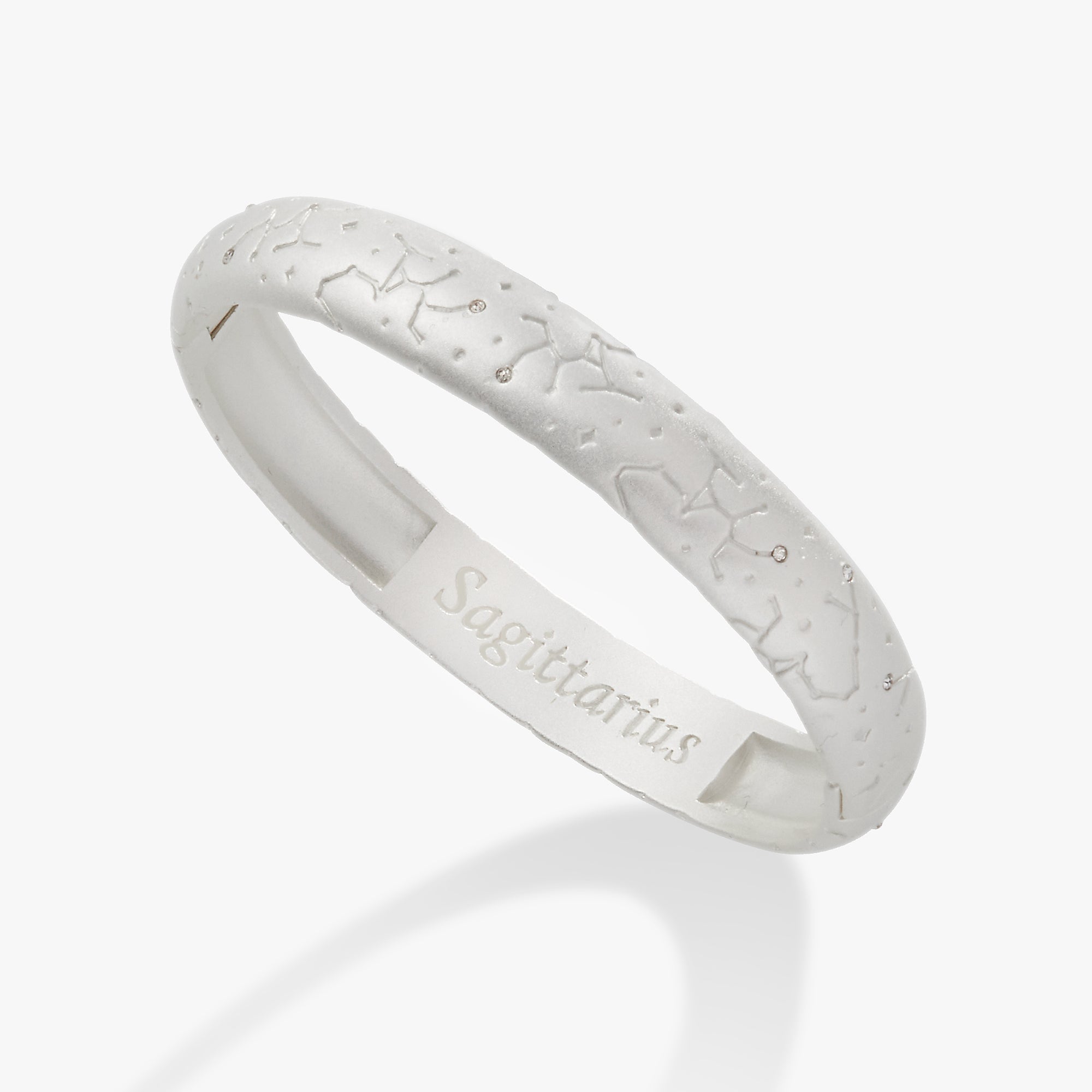 Satin gold Sagittarius zodiac hinge bangle bracelet by ALEX AND ANI with engraved zodiac symbol and sleek design