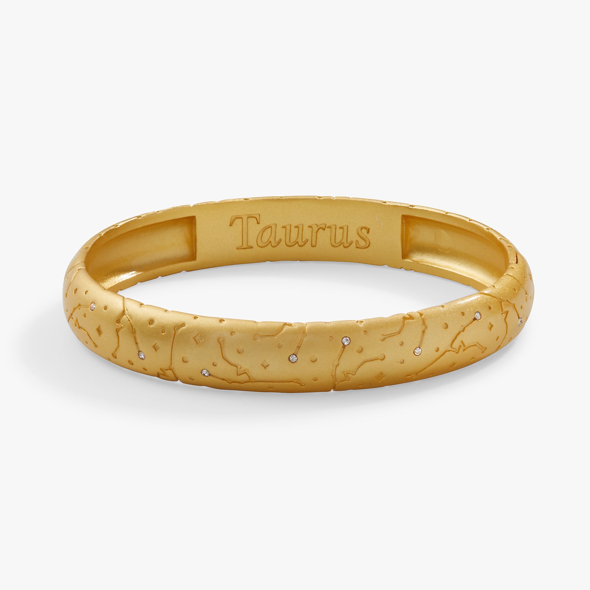 Satin gold Taurus Zodiac hinge bracelet by ALEX AND ANI featuring a Taurus symbol charm and sleek design.