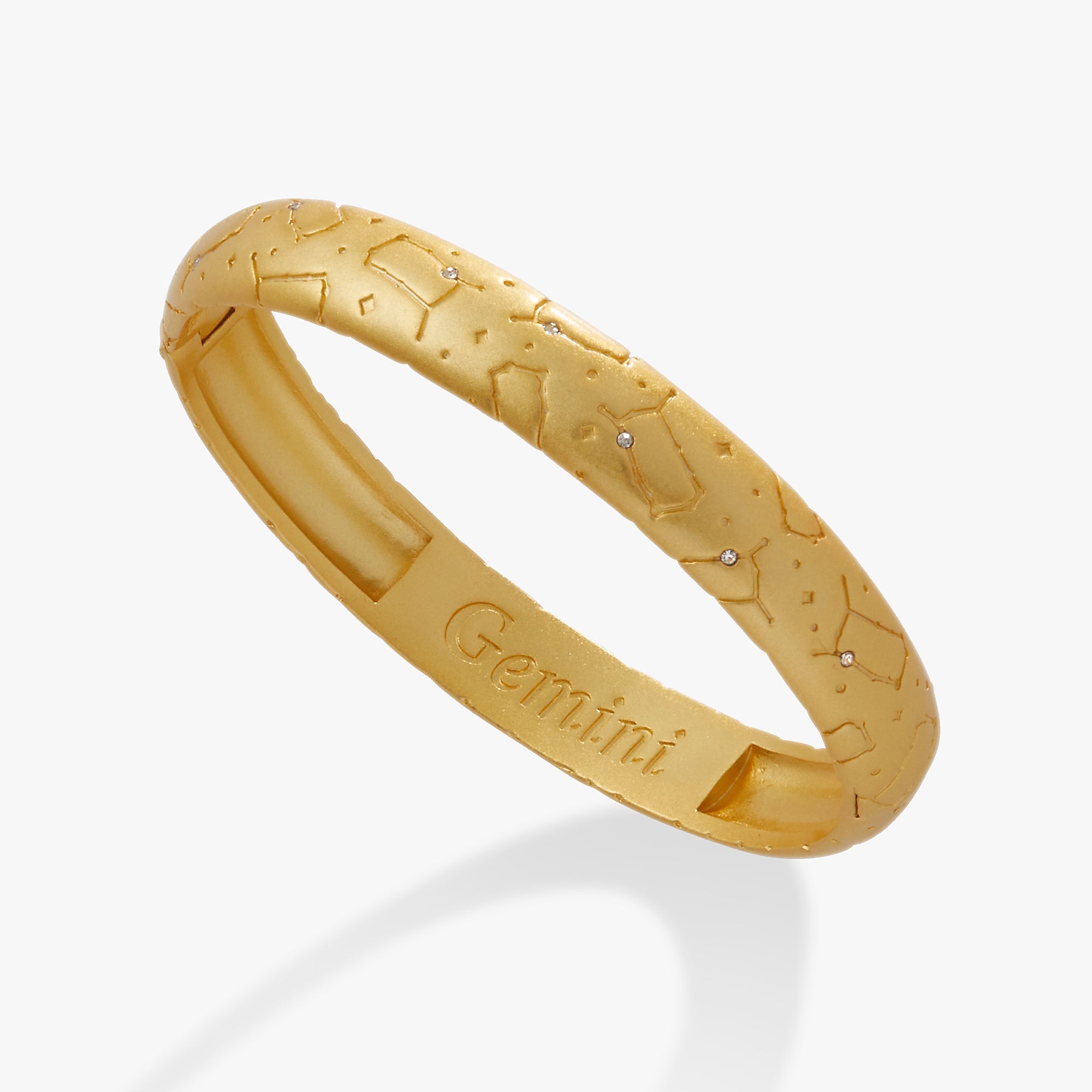 Silver Gemini Zodiac Hinge Bangle bracelet by ALEX AND ANI featuring zodiac symbols and a sleek satin finish