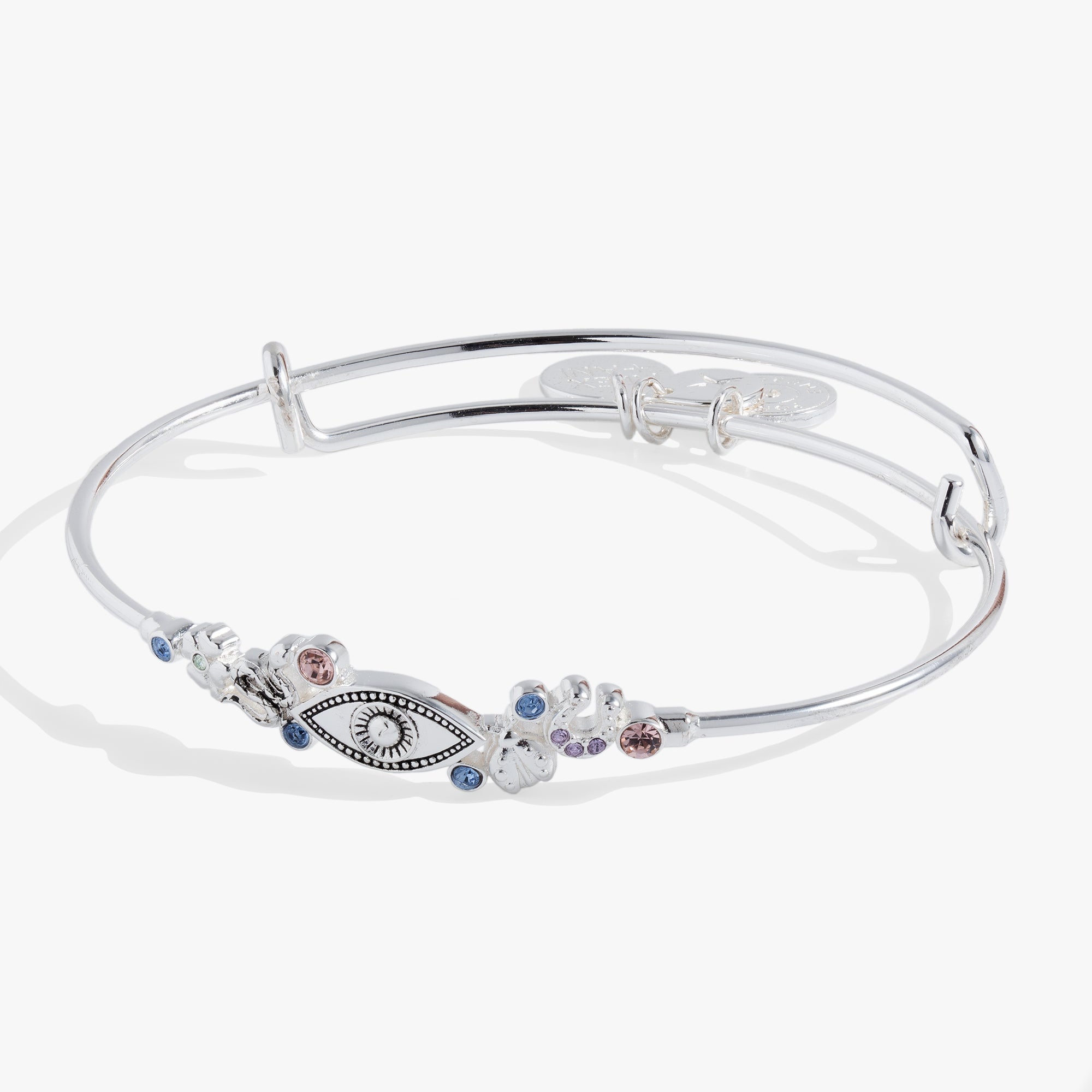 Silver Evil Eye Inline Bangle bracelet by ALEX AND ANI featuring a detailed evil eye charm on a sleek silver band.