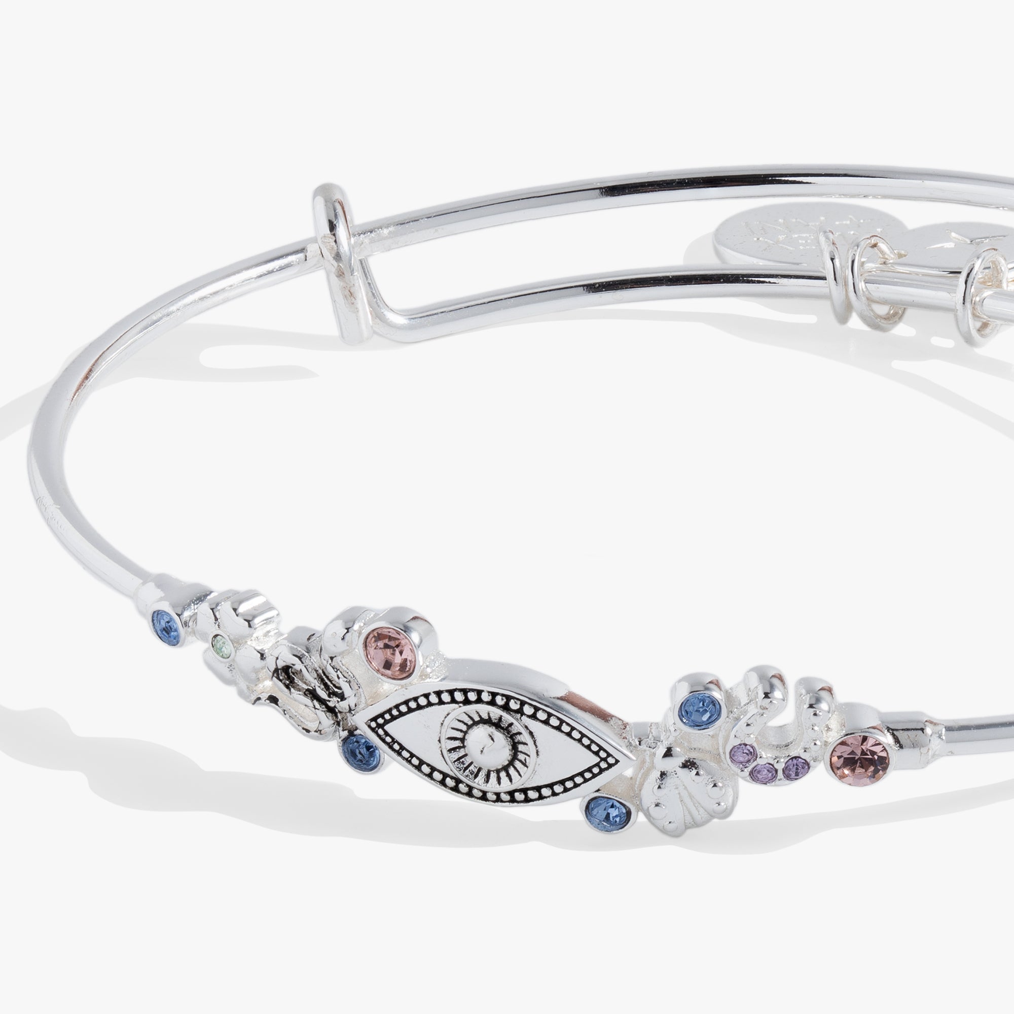 Silver Evil Eye Inline Bangle bracelet by ALEX AND ANI with a charm featuring a protective evil eye design.