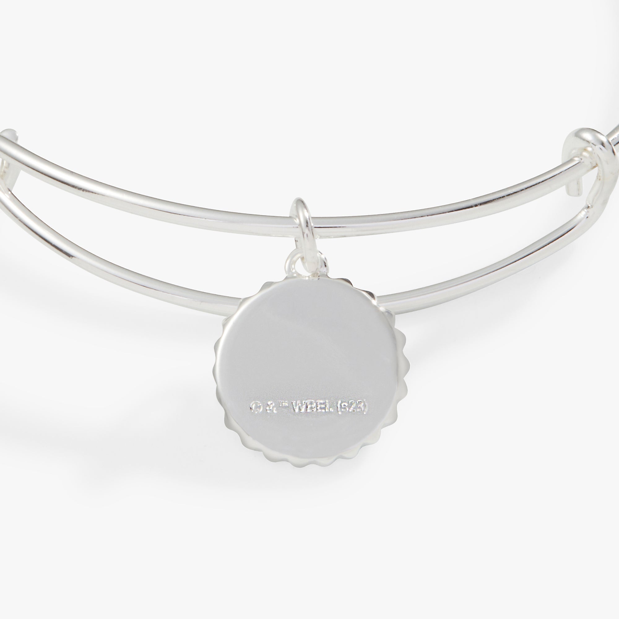 Silver Harry Potter Slytherin House charm bangle by ALEX AND ANI featuring Slytherin emblem and magical design on the bracelet.
