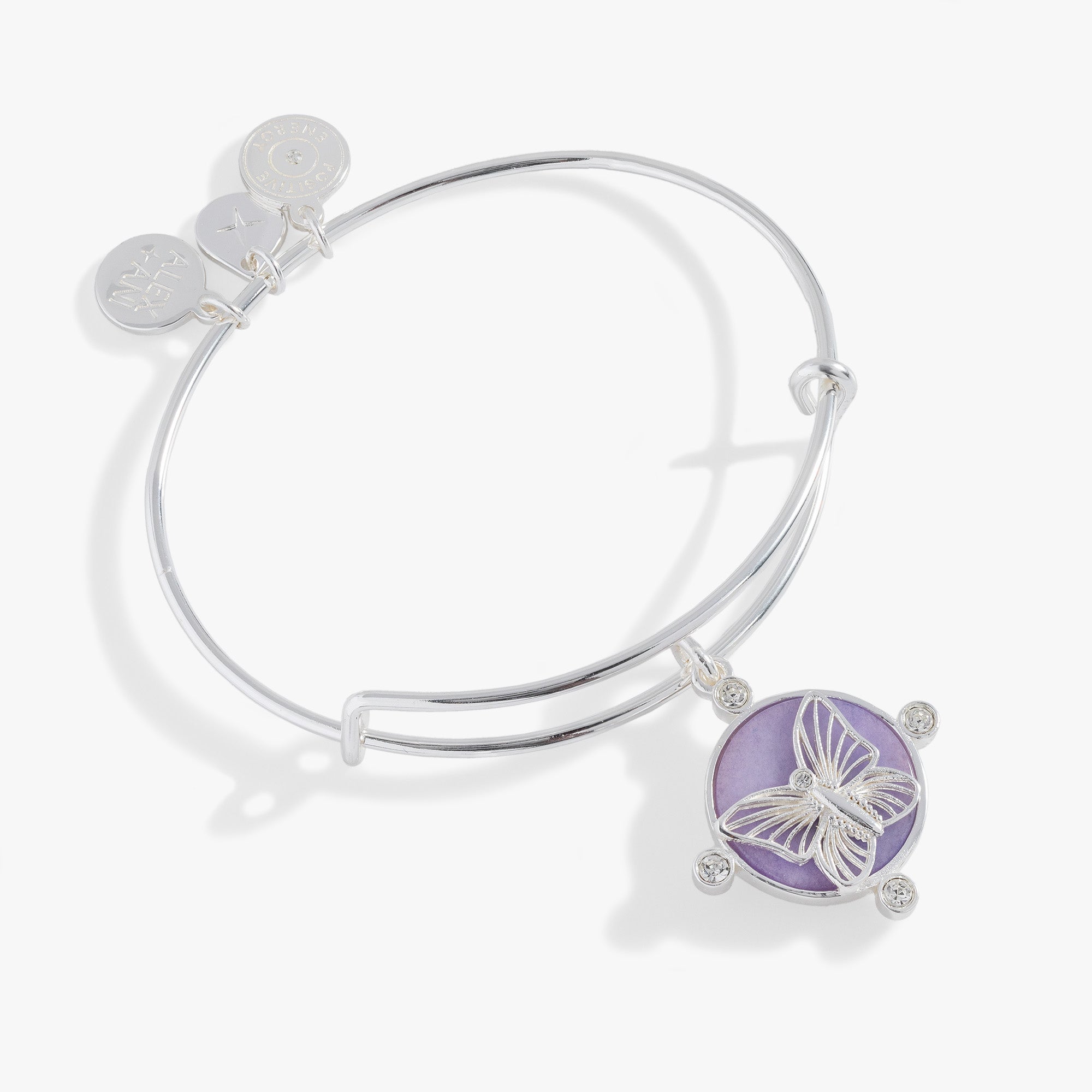 Silver bracelet with lavender butterfly charm from ALEX AND ANI, featuring a delicate butterfly design and elegant bangle style.