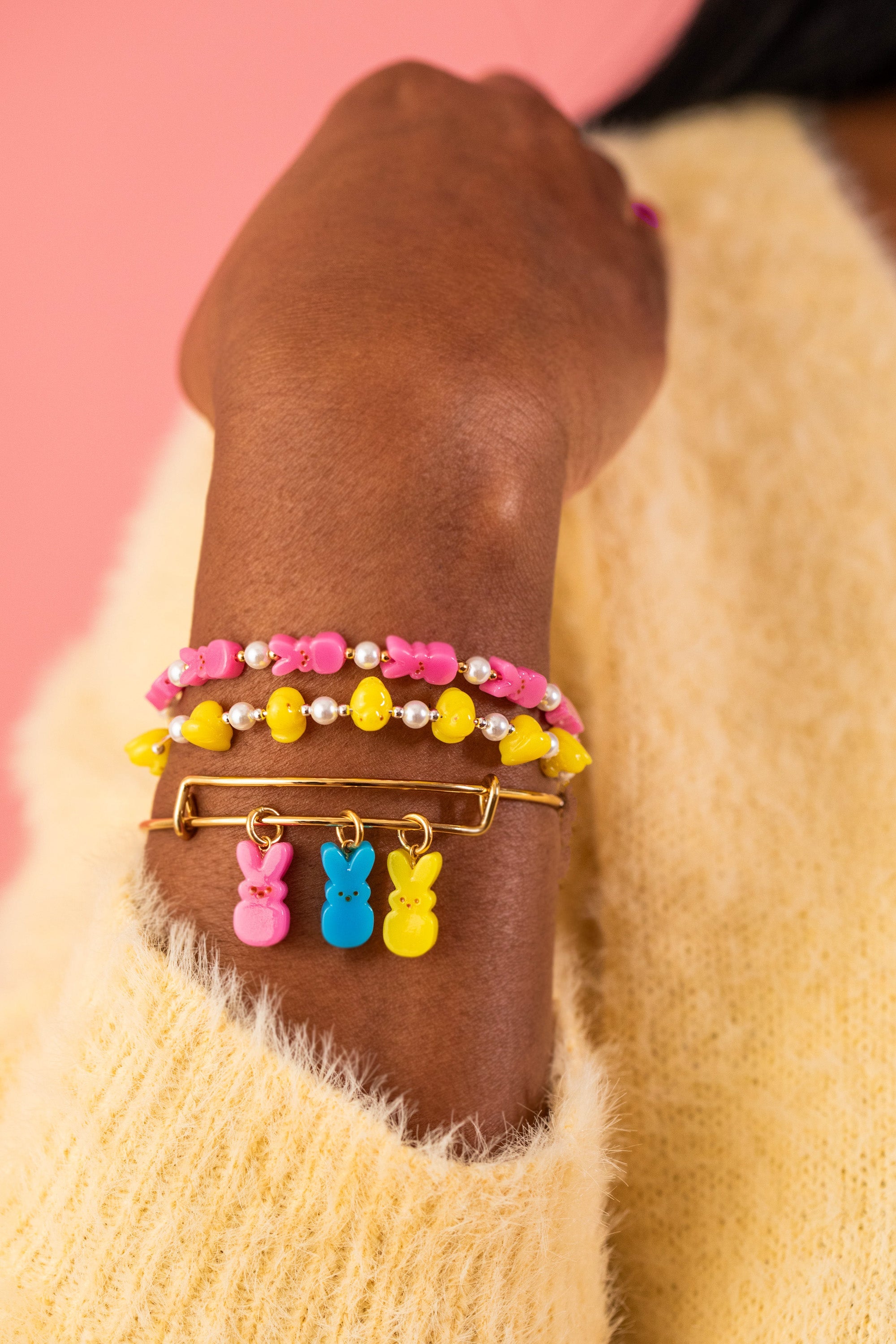 Silver PEEPS® Chick beaded bangle bracelet by ALEX AND ANI featuring colorful chick beads and a sleek metallic finish.