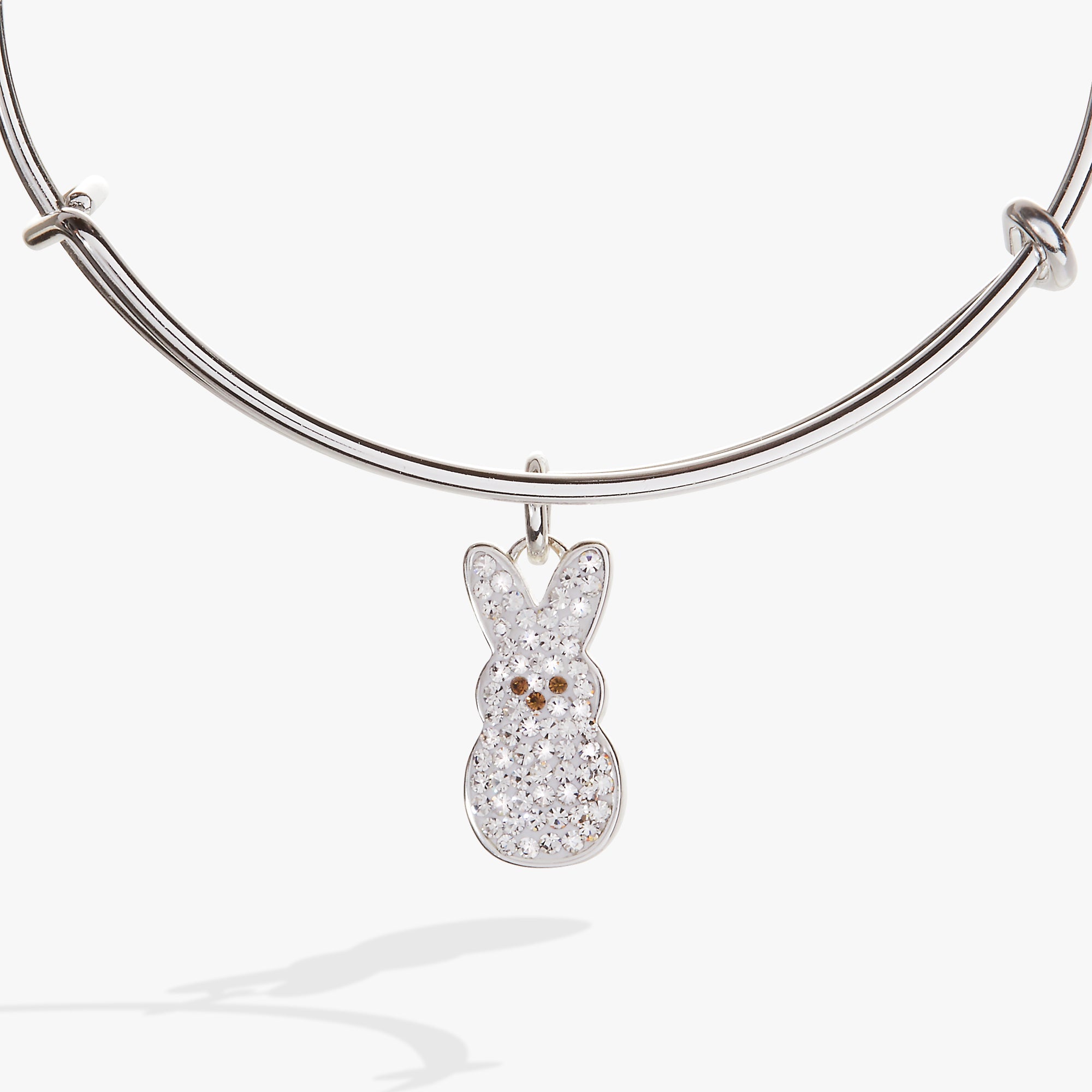 Silver PEEPS® Crystal Bunny Bangle bracelet by ALEX AND ANI featuring a crystal bunny charm on a sleek silver band.