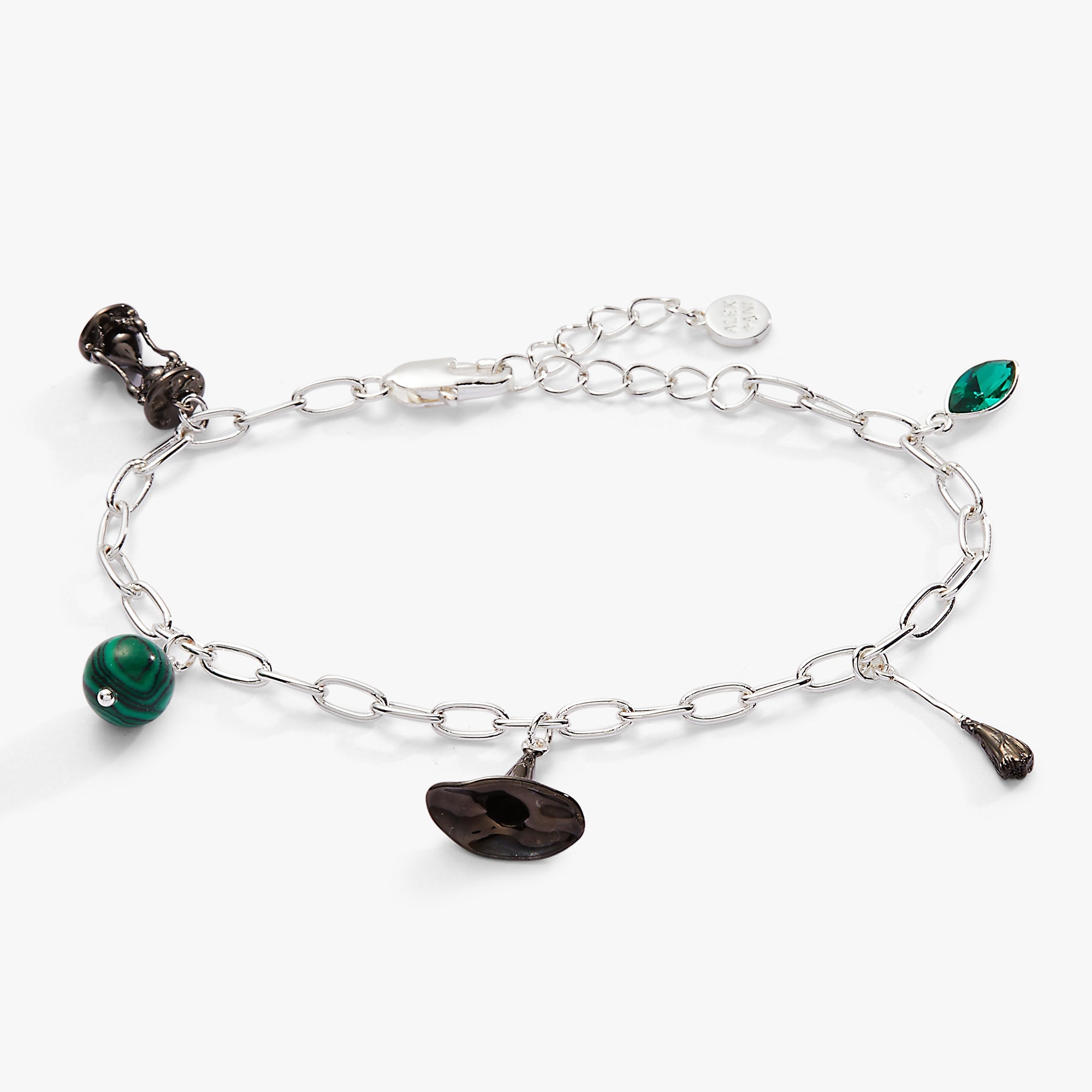 Silver Wizard of Oz Wicked Witch charm bracelet by ALEX AND ANI featuring a witch charm and intricate bracelet design.