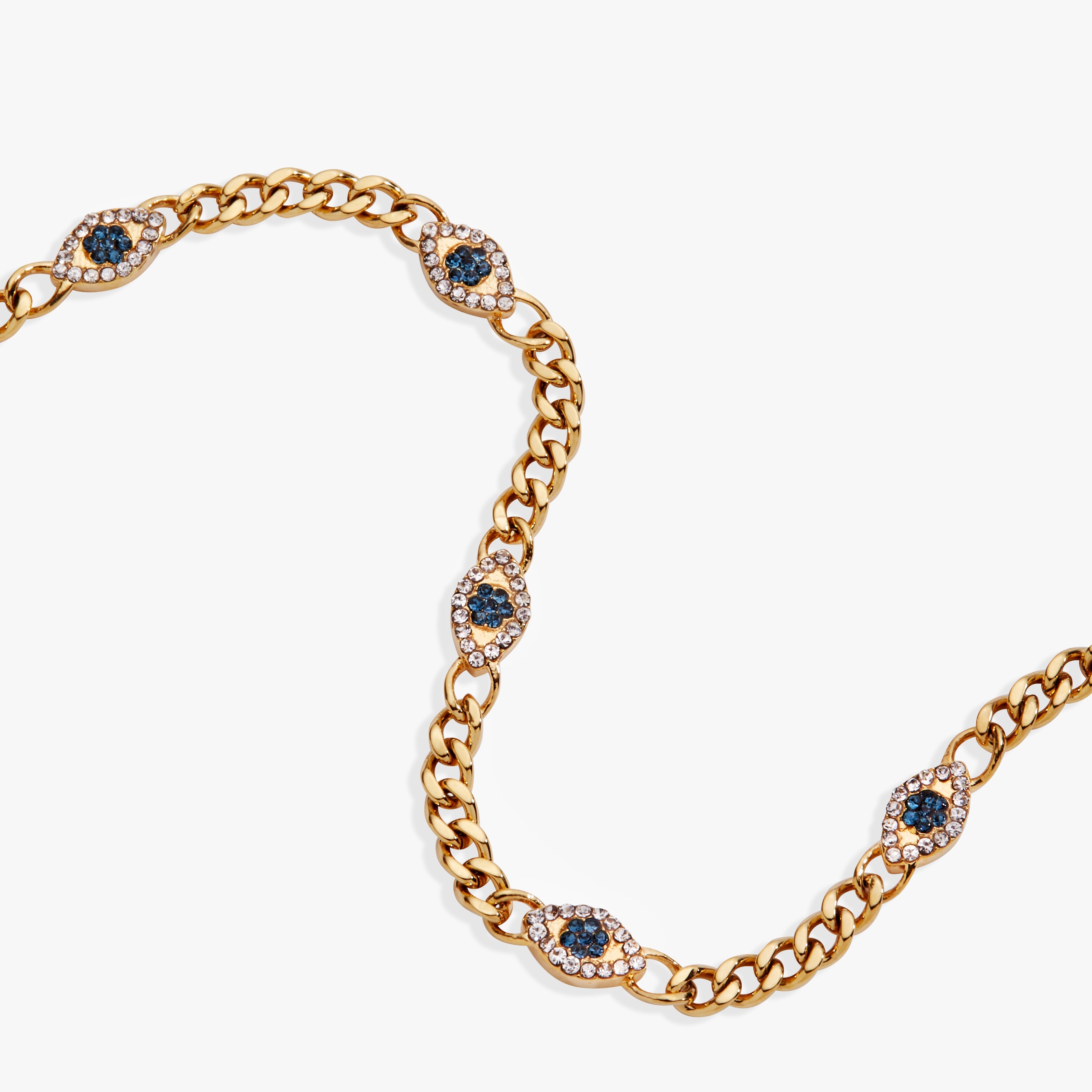 Gold stainless steel Evil Eye curb chain bracelet by ALEX AND ANI, featuring a stylish inline design with an eye charm.