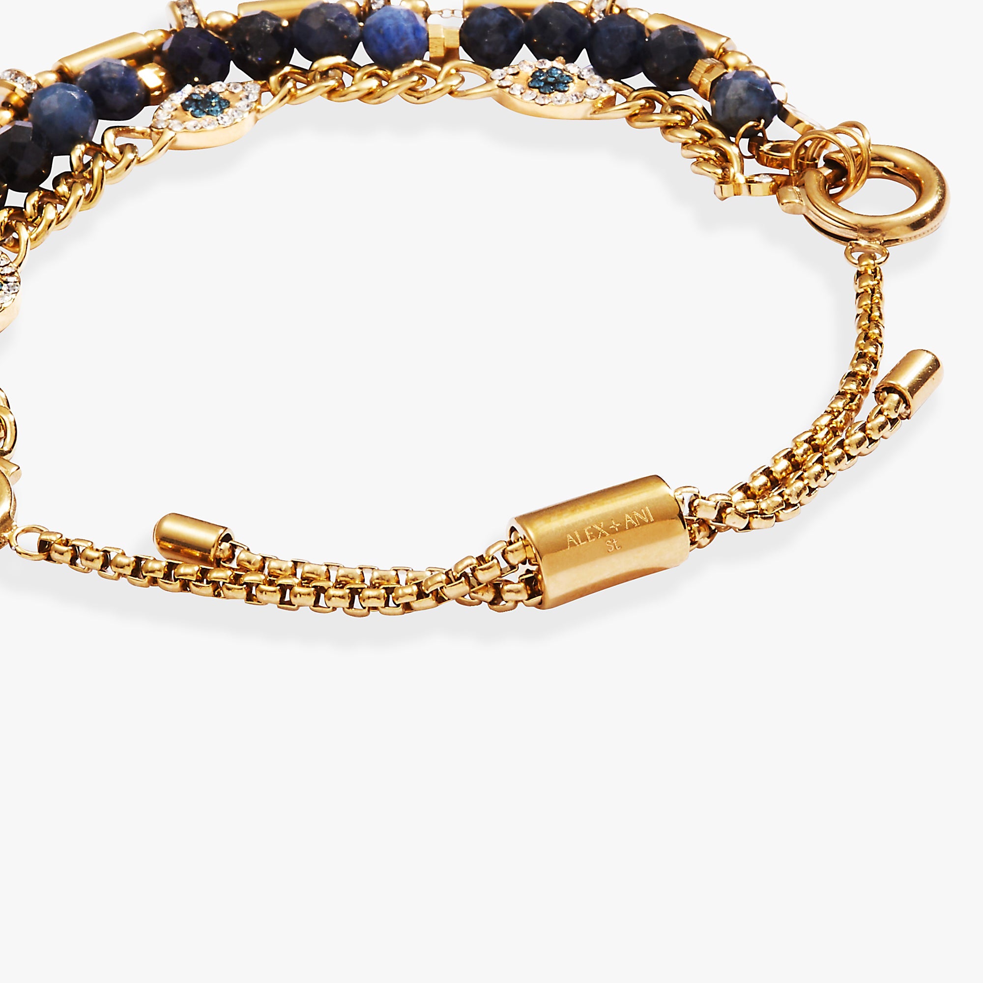 Set of gold stainless steel Evil Eye Stranded™ bracelets by ALEX AND ANI, featuring protective eye charms and layered design.